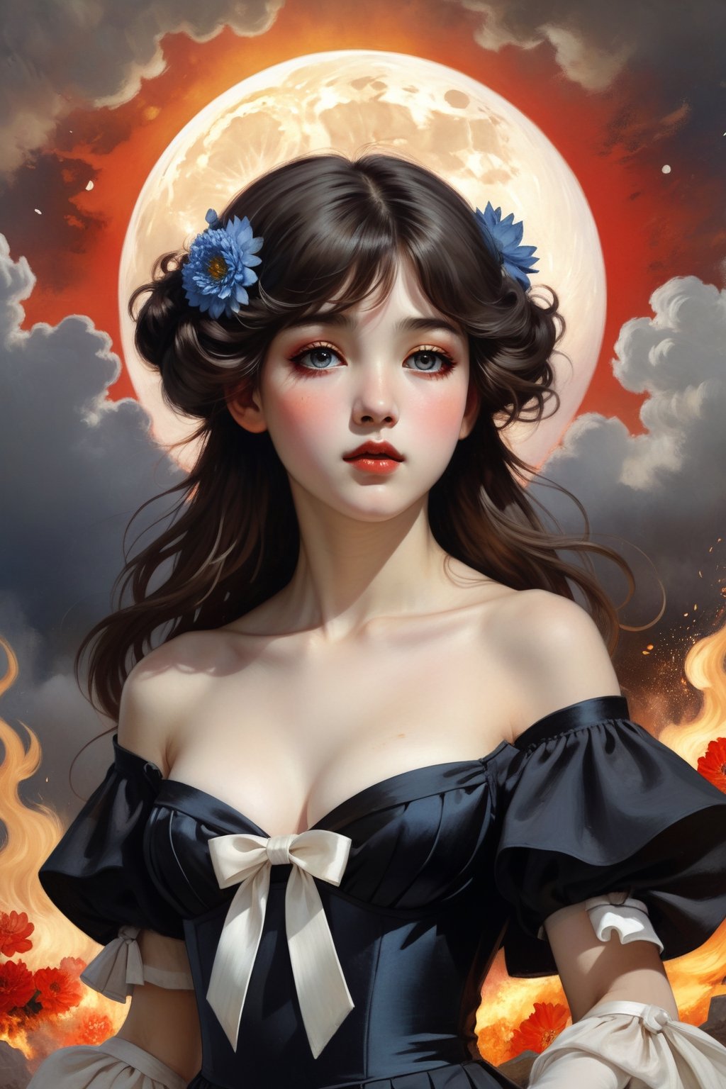 (((masterpiece))),best quality, illustration,beautiful detailed glow,(beautiful detailed eyes), (dark demon girl:1.1),big forhead,flower,large top sleeves,Floating ashes, Beautiful and detailed explosion, red moon, fire,Fire cloud, Wings on fire, a cloudy sky, smoke of gunpowder, burning, black dress, (beautiful detailed eyes),expressionless,beautiful detailed white gloves, Dove of peace, (floating cloud:1.2),azure hair,disheveled hair,long bangs, hairs between eyes, black kneehighs, black ribbon,white bowties,midriff,{{{half closed eyes}}},, Pierre-Auguste Renoir ~ Paul Peel ~ John Singer Sargent ~ Alexandre-Jacques Chantron ~ John William Godward ~ John William Waterhouse ~ Han-Wu Shen ~ Ishitaka Amano ~ Chakrapan Posayakrit ~ Kim Jung Gi ~ Kei Mieno ~ Ikushima Hiroshi ~ WLOP ~ William-Adolphe Bouguereau ~ Alphonse Mucha ~Luis Royo ~ Jock Sturges photography ~ Range Murata,shards