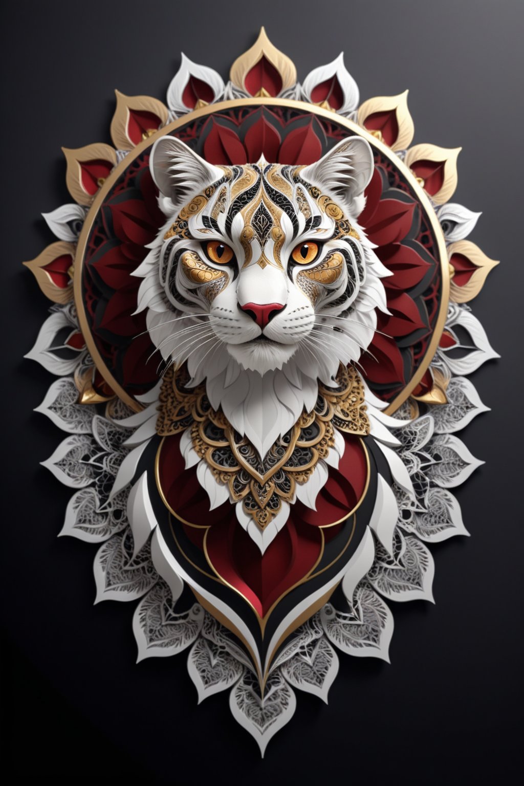 Official Art, Unity 8K Wallpaper, Super Detailed, Beautiful and Aesthetic, Masterpiece, Top Quality, (Zentangle, Mandala, Tangle, Tangle), (Fractal Art: 1.3), One big cat, Highly Detailed, Dynamic Angle,{{{ full body shot}}}, the most beautiful form chaos, elegant, brutalist design, bright Gold, Silver, Bronze, Black, Deep Red, romanticism