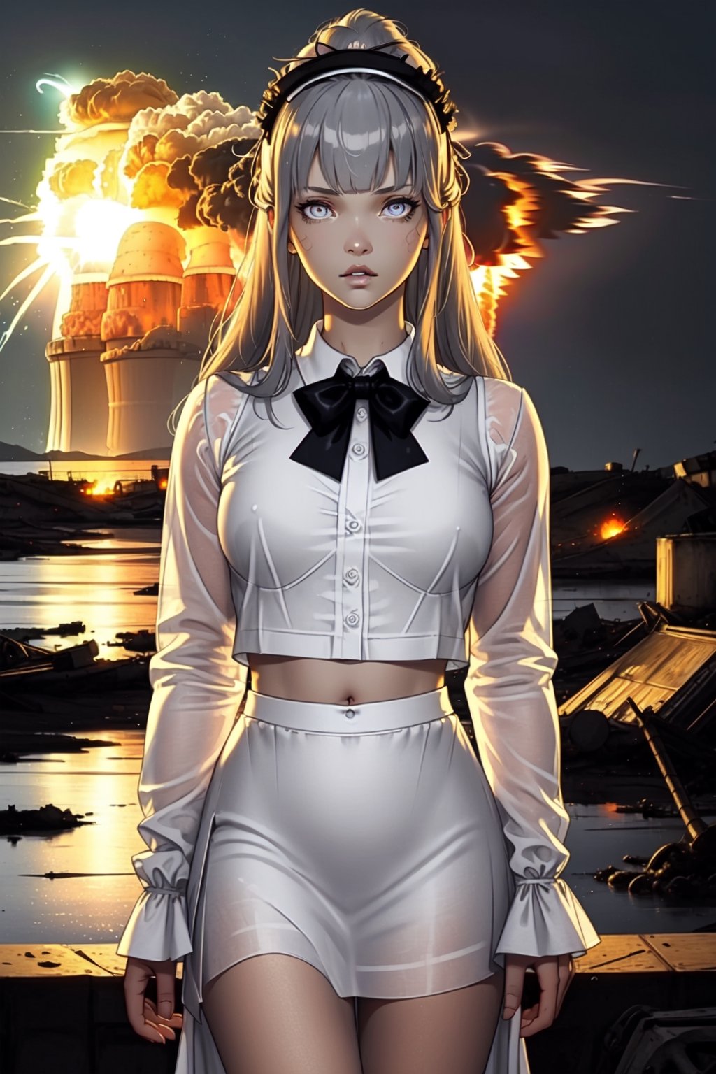 (((masterpiece))),best quality, illustration,(beautiful detailed girl),beautiful detailed glow,((flames of war)),(((nuclear explosion behide))),rain,detailed lighting,detailed water,(beautiful detailed eyes),expressionless,palace,azure hair,disheveled hair,long bangs,hairs between eyes,(whitegrey dress),black ribbon,white bowties,midriff,big forhead,blank stare,flower,long sleeves