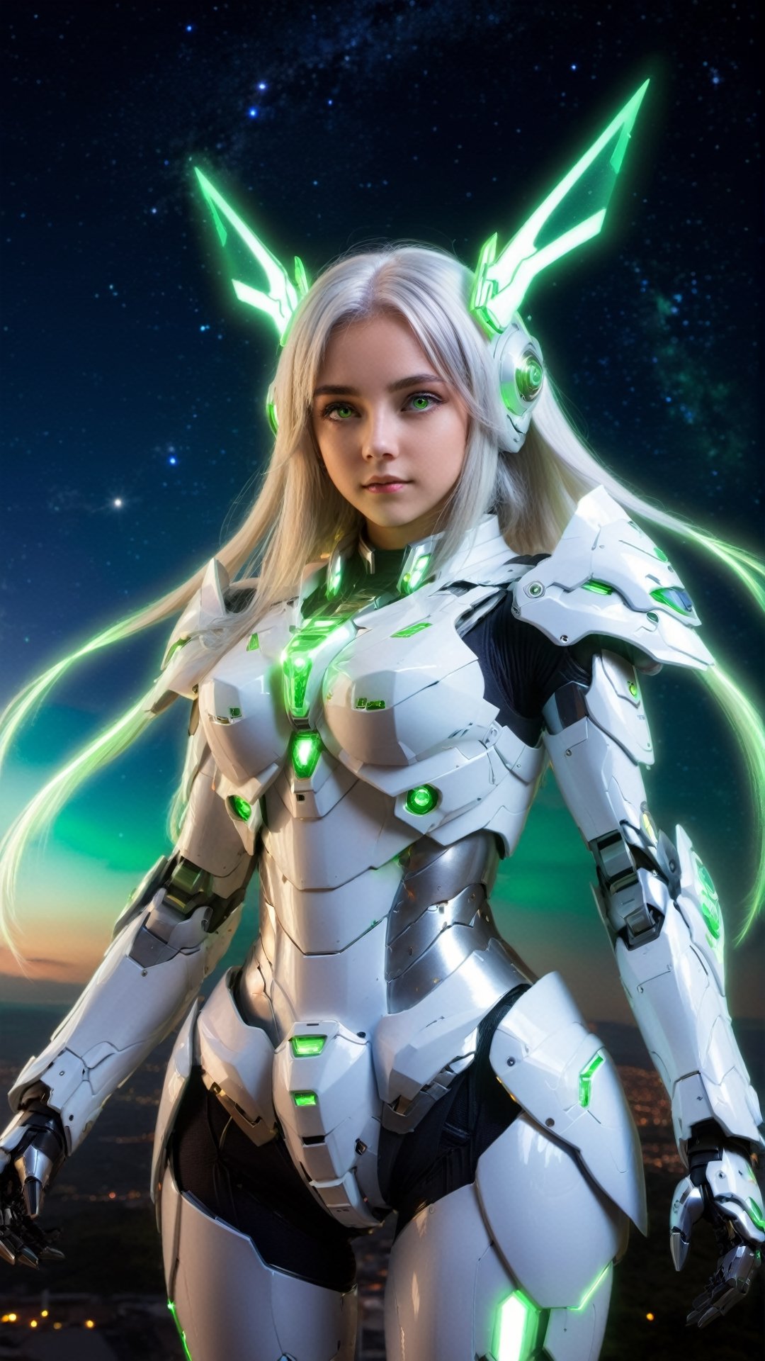 1girl, masterpiece, incredibly absurdres, glowing eyes, long hair, glow fairy wings, mecha headgear, best quality, mecha armor, white hair, green eyes, looking at viewer, center, standing, night sky, big planet, constellation background, from above