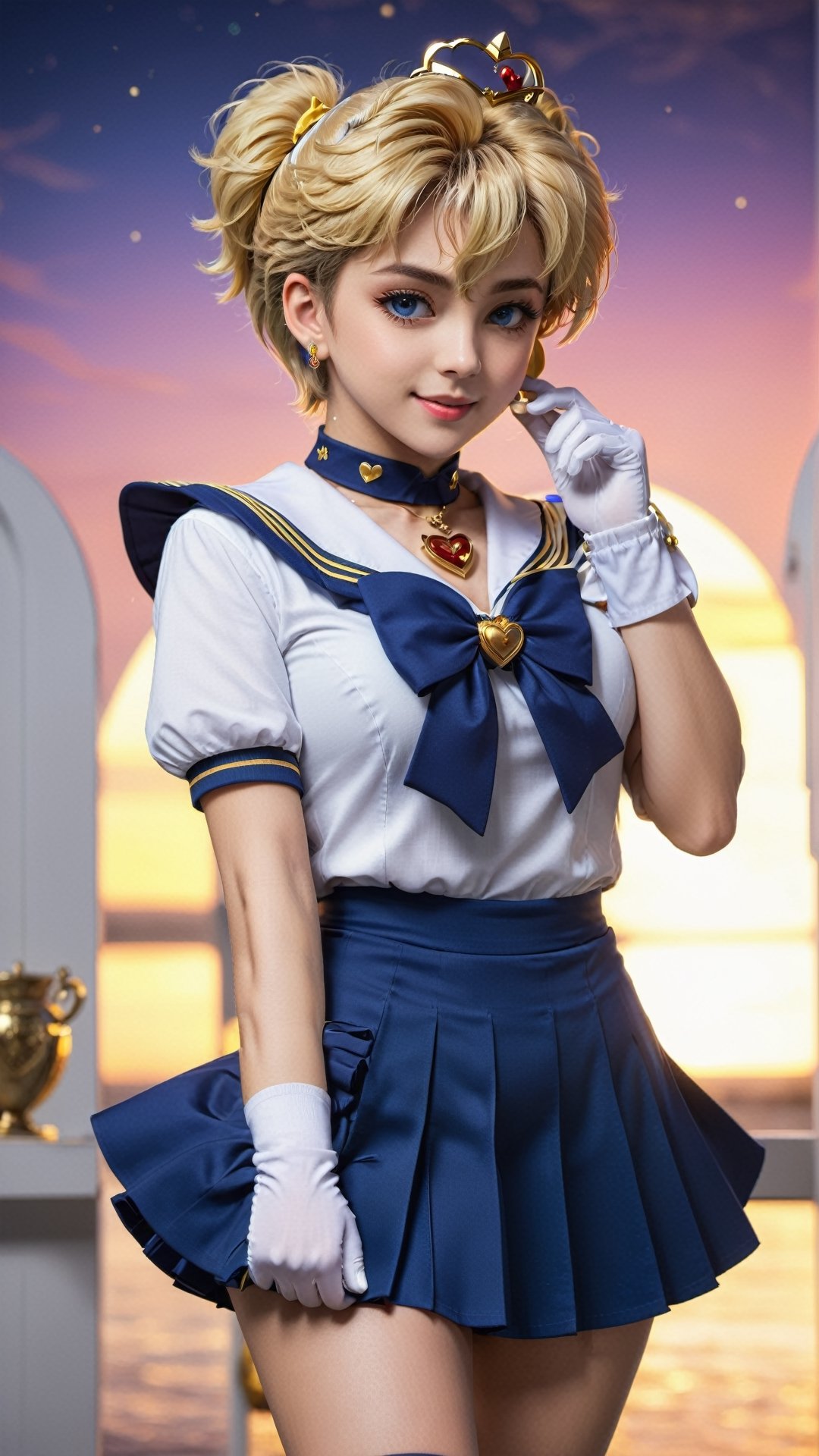 masterpiece, best quality, high resolution, unity 8k wallpaper, beautiful detailed eyes, extremely detailed face, perfect lighting, extremely detailed CG, perfect hands, perfect anatomy sailor uranus, very short hair, blonde hair, blue eyes, tiara, blue sailor collar, sailor collar, blue choker, yellow bow, blue footwear, bow, brooch, choker, earrings, elbow gloves, gloves, heart, heart brooch, sailor collar, skirt, pleated skirt, sailor collar, sailor senshi uniform, skirt, stud earrings, white gloves smiling, twinkle in the eyes, hero pose, straight legs to sides, V fingers,sailor uranus