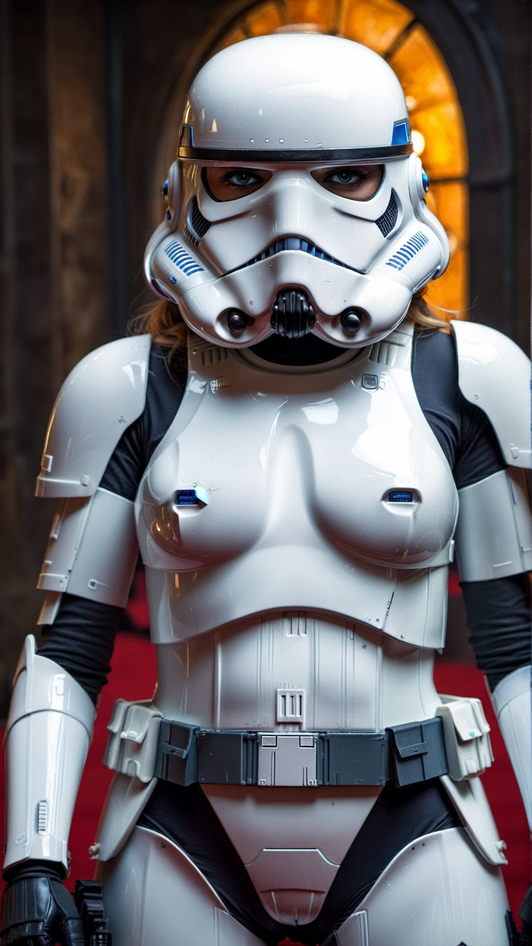 sexy masterpiece, best quality, highest quality, high definition, highly detailed, 8K, front light, female stormtrooper in armor, athletic and fit body, naughty, perfect hands, detailed hands, perfect eyes, detailed eyes, flirty, sexy, naughty, posing, hands and arms at sides, large perky boobs, realistic, HDR, UHD, dynamic, cleavage, battle background