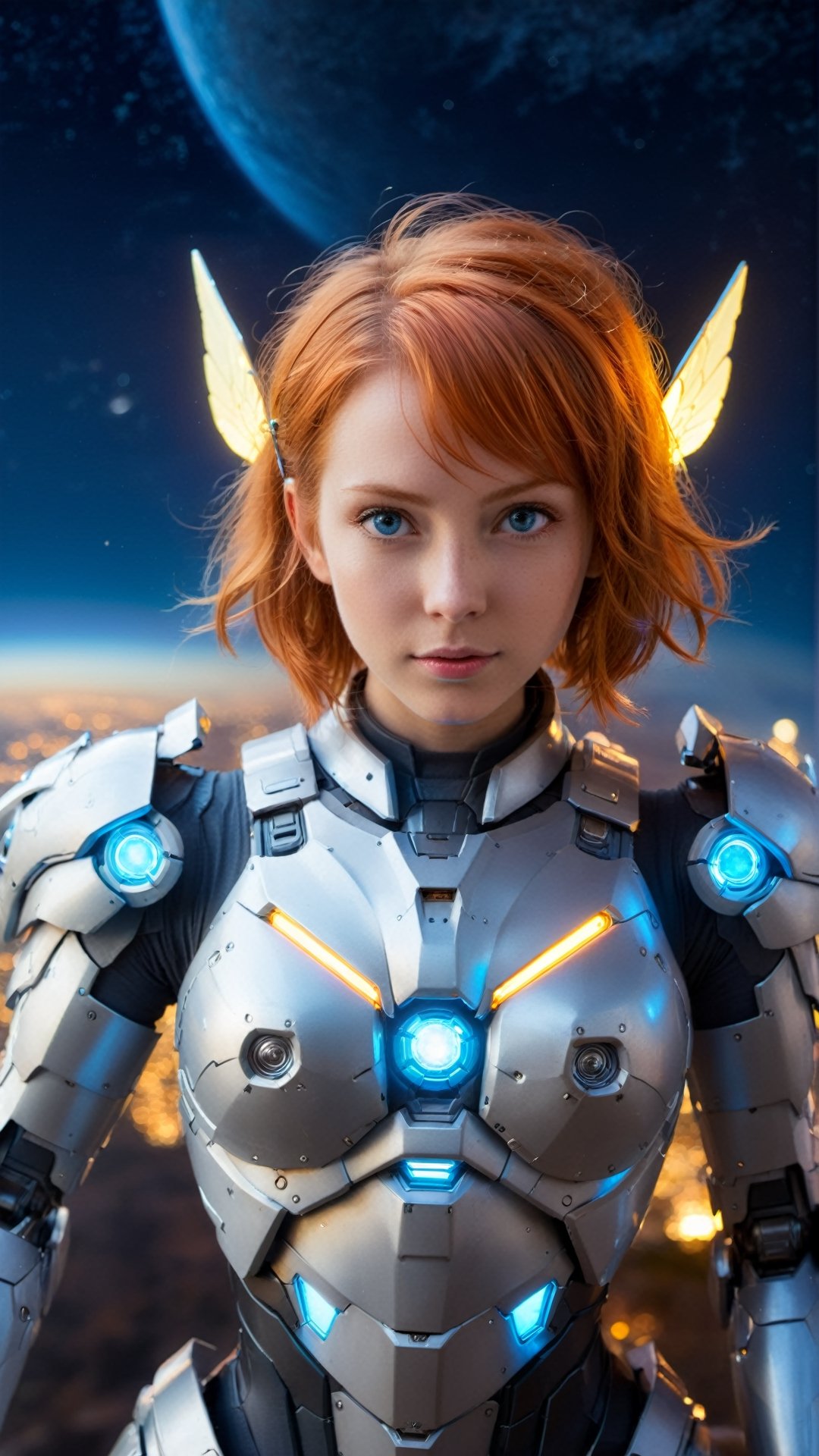 1girl, masterpiece, incredibly absurdres, glowing eyes, short hair, glow fairy wings, mecha headgear, best quality, mecha armor, ginger hair, blue eyes, looking at viewer, center, standing, night sky, big planet, constellation background, from above