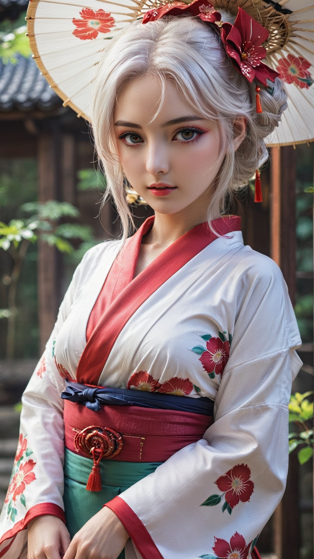 (masterpiece, top quality, best quality, official art, beautiful and aesthetic:1.2), (1girl:1.3), heterochromia , white hair,medium breasts, white kimono, red skirt,kiriko