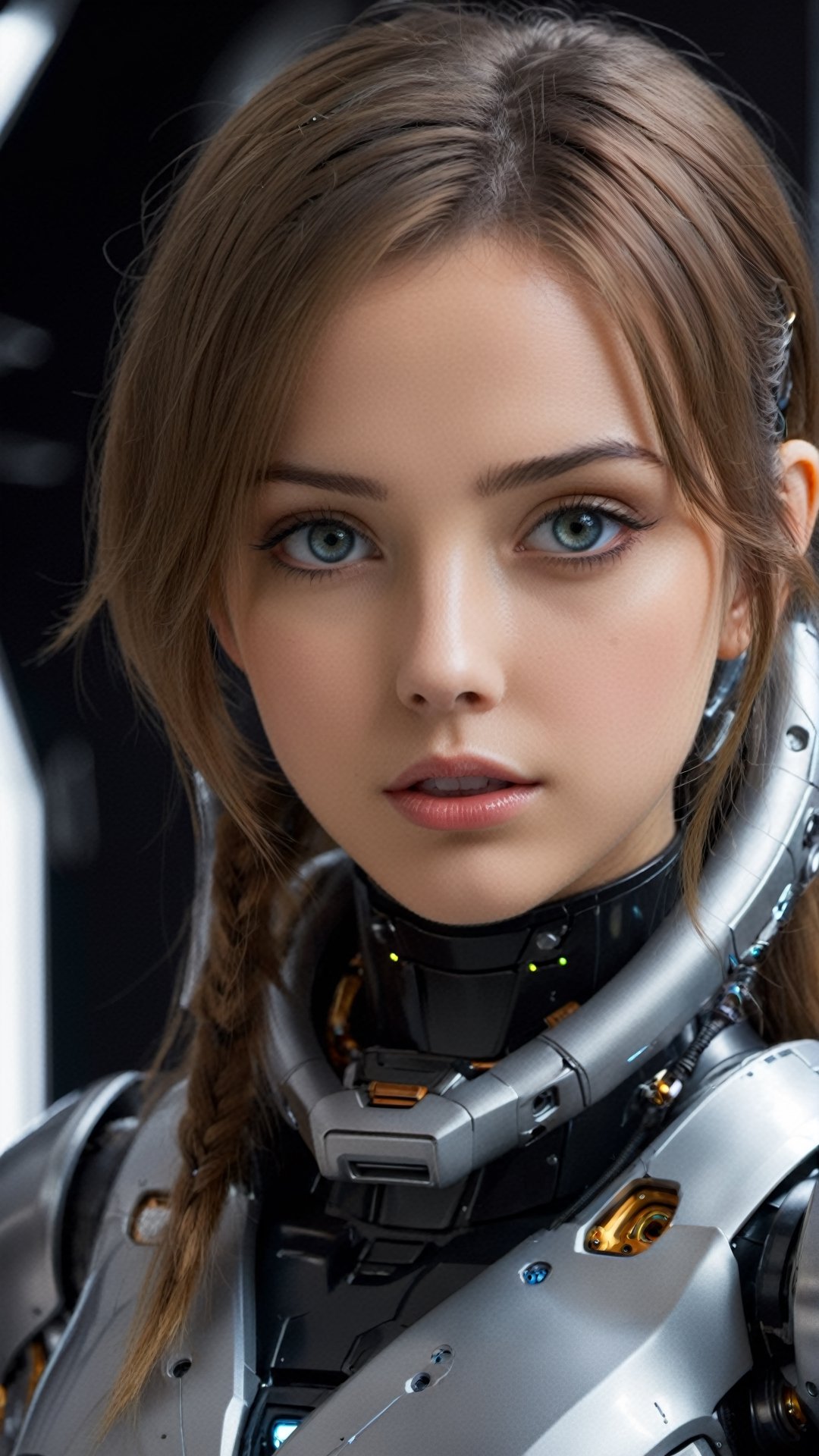 1 girl , cute girl, pretty eyes , Grey Pupils , calm blank face , open lips , Sci-fi, ultra high res, futuristic , {(little robot)}, {(solo)}, face close up , {(Pure Shadow black background ,spaceship wall interior background, Mecha parts)}