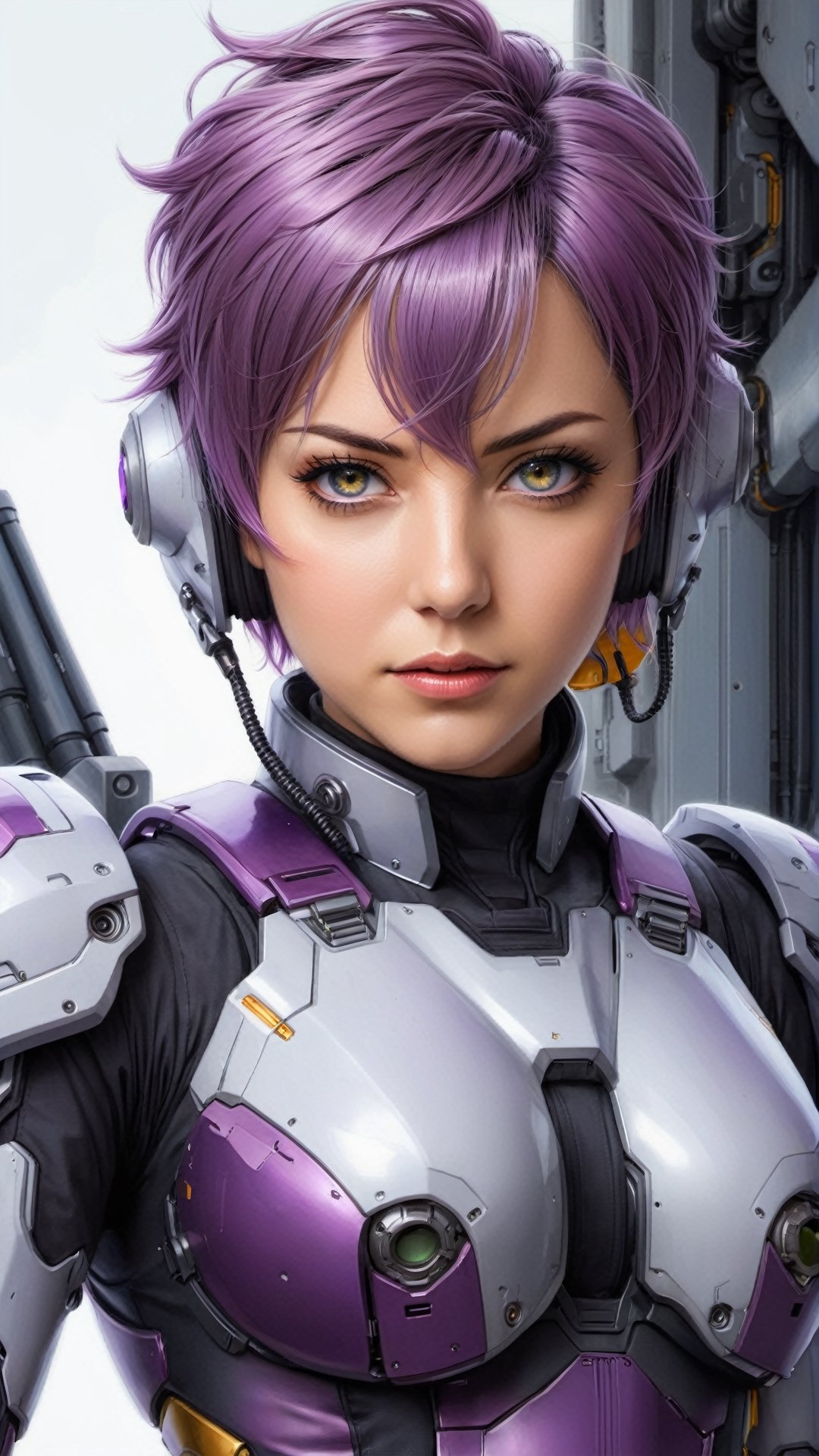 ultra detailed illustration, an adult woman with anime pilot plug suit, she has (grey eyes) and short purple hair, waist high shot, mecha pilot