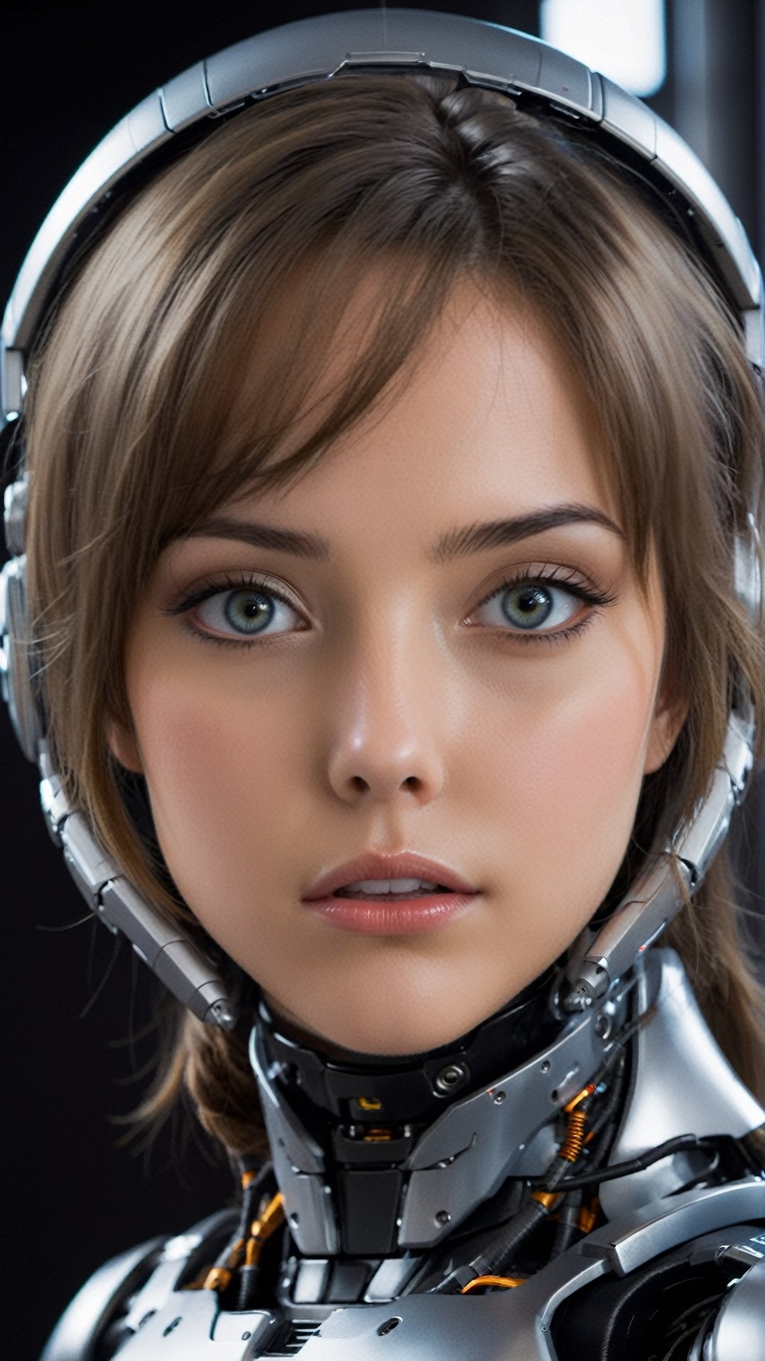 1 girl , cute girl, pretty eyes , Grey Pupils , calm blank face , open lips , Sci-fi, ultra high res, futuristic , {(little robot)}, {(solo)}, face close up , {(Pure Shadow black background ,spaceship wall interior background, Mecha parts)}
