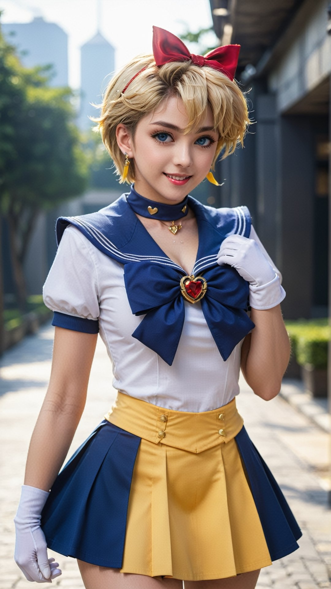 masterpiece, best quality, high resolution, unity 8k wallpaper, beautiful detailed eyes, extremely detailed face, perfect lighting, extremely detailed CG, perfect hands, perfect anatomy sailor uranus, very short hair, blonde hair, blue eyes, tiara, blue sailor collar, sailor collar, blue choker, yellow bow, blue footwear, bow, brooch, choker, earrings, elbow gloves, gloves, heart, heart brooch, sailor collar, skirt, pleated skirt, sailor collar, sailor senshi uniform, skirt, stud earrings, white gloves smiling, twinkle in the eyes, hero pose, straight legs to sides, V fingers,sailor uranus