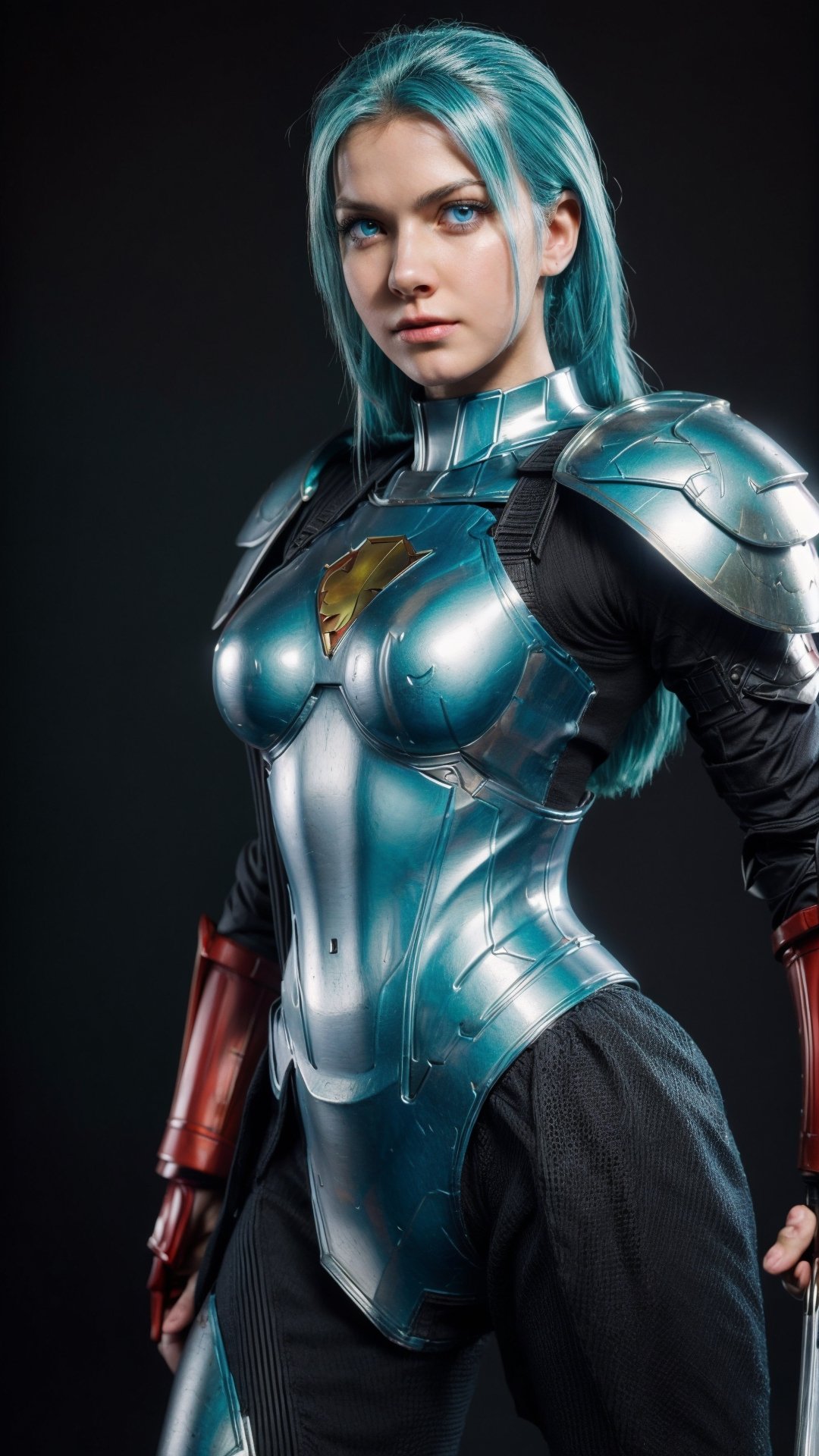 super sexy superheroines, centered, full body, | aqua hair color, light blue eyes, | super Sexy girl in full body platinum armor, armored thighs, pauldrons, wielding a sword | (simple background, black background:1.2),sophitia_whitedress_aiwaifu,cammy_green_bodysuit_aiwaifu