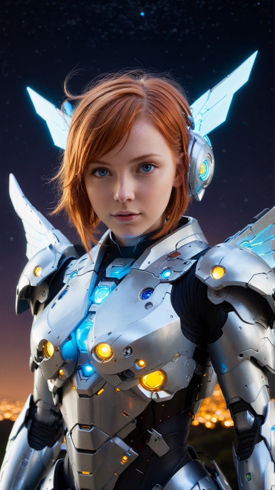 1girl, masterpiece, incredibly absurdres, glowing eyes, short hair, glow fairy wings, mecha headgear, best quality, mecha armor, ginger hair, blue eyes, looking at viewer, center, standing, night sky, big planet, constellation background, from above