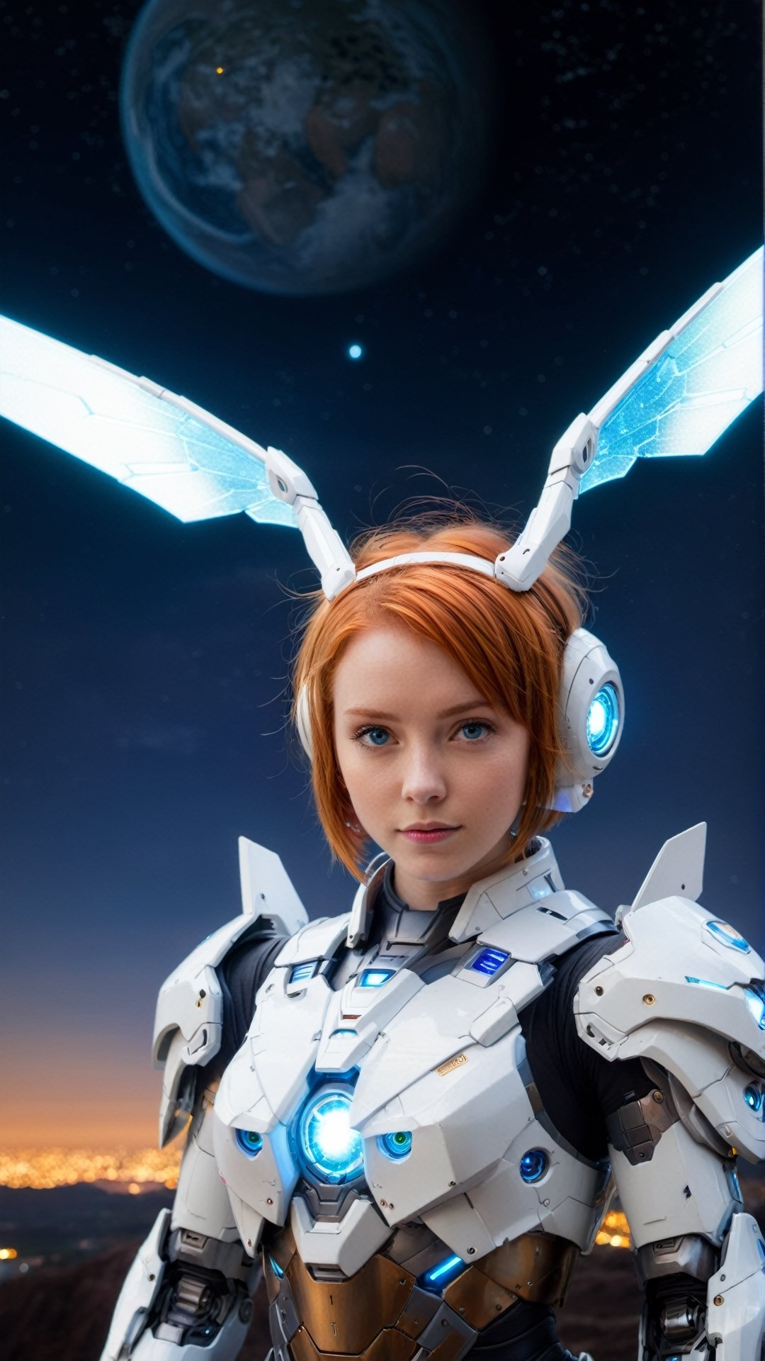 1girl, masterpiece, incredibly absurdres, glowing eyes, short hair, glow fairy wings, mecha headgear, best quality, mecha armor, ginger hair, blue eyes, looking at viewer, center, standing, night sky, big planet, constellation background, from above