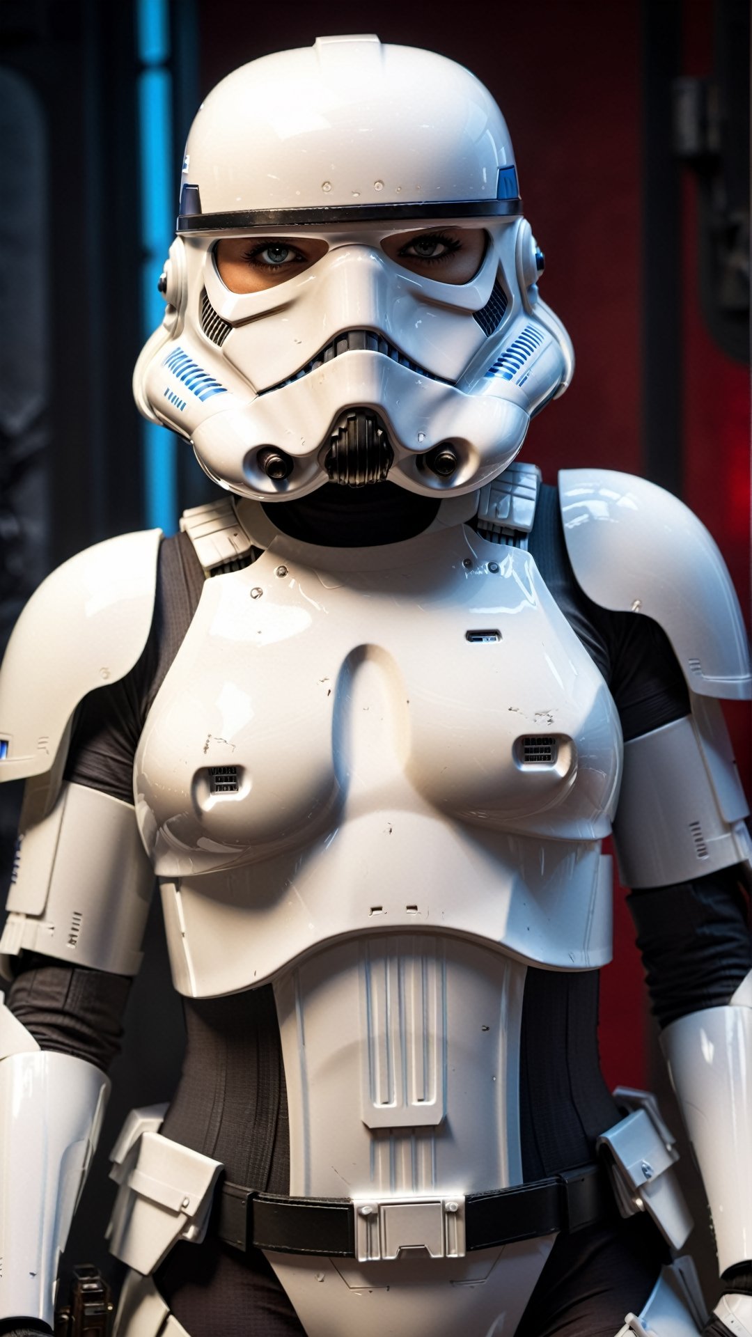 sexy masterpiece, best quality, highest quality, high definition, highly detailed, 8K, front light, female stormtrooper in armor, athletic and fit body, naughty, perfect hands, detailed hands, perfect eyes, detailed eyes, flirty, sexy, naughty, posing, hands and arms at sides, large perky boobs, realistic, HDR, UHD, dynamic, cleavage, battle background
