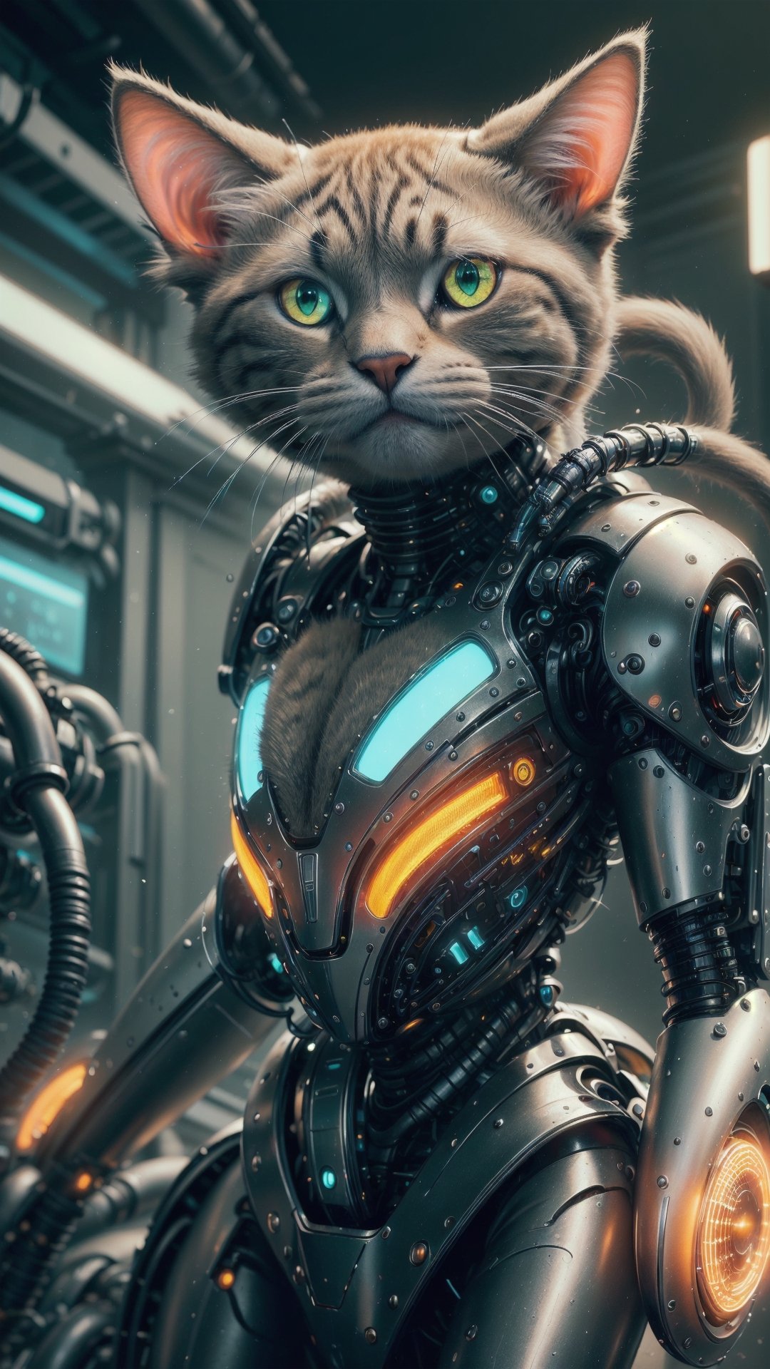 ((High resolution)),((high detailed)), cowboy shot, photo realistic, masterpiece, official art, cyberspace background,
photo, best quality, 8k resolution, cyborg Cat, kitten,  multicolor Yellow red green Neon Light, cinematic lighting, dark studio, ,hydrotech