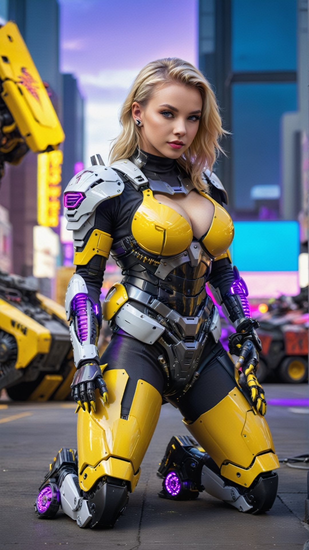 Beautiful blonde girl with form fitting ample cleavage black White yellow purple neon exoskeleton armor jet boots ear piece, kneeling with her Large Robotic armored Tiger Compnion, Futuristic battle tank neon city backdrop, beautiful face, full shot, photorealistic, 8k