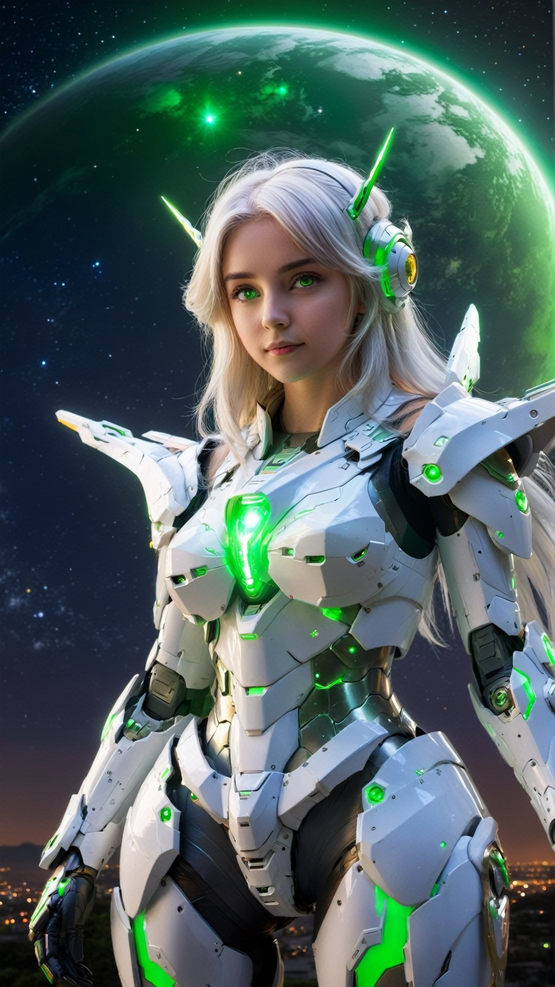 1girl, masterpiece, incredibly absurdres, glowing eyes, long hair, glow fairy wings, mecha headgear, best quality, mecha armor, white hair, green eyes, looking at viewer, center, standing, night sky, big planet, constellation background, from above