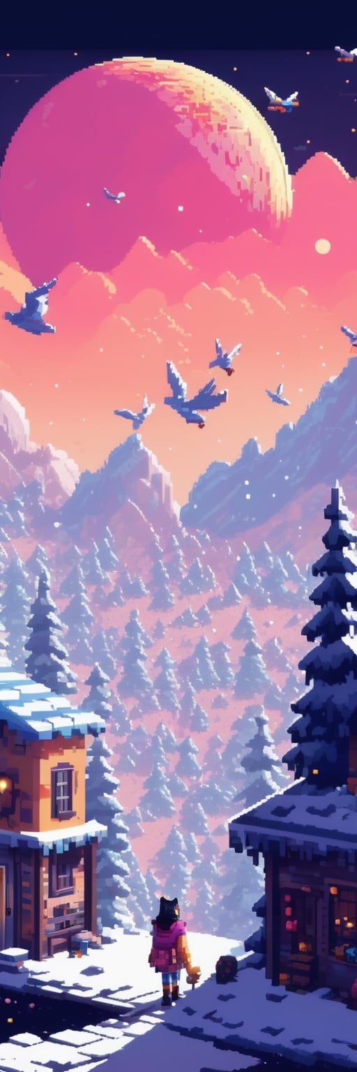 Pixel-Art Adventure featuring a Girl: and a Cat Pixelated girl character, vibrant 8-bit environment, reminiscent of classic games.,Leonardo Style 
((Standind on the moon))  (((Winter))) commets Bubbles (((Birds)))
