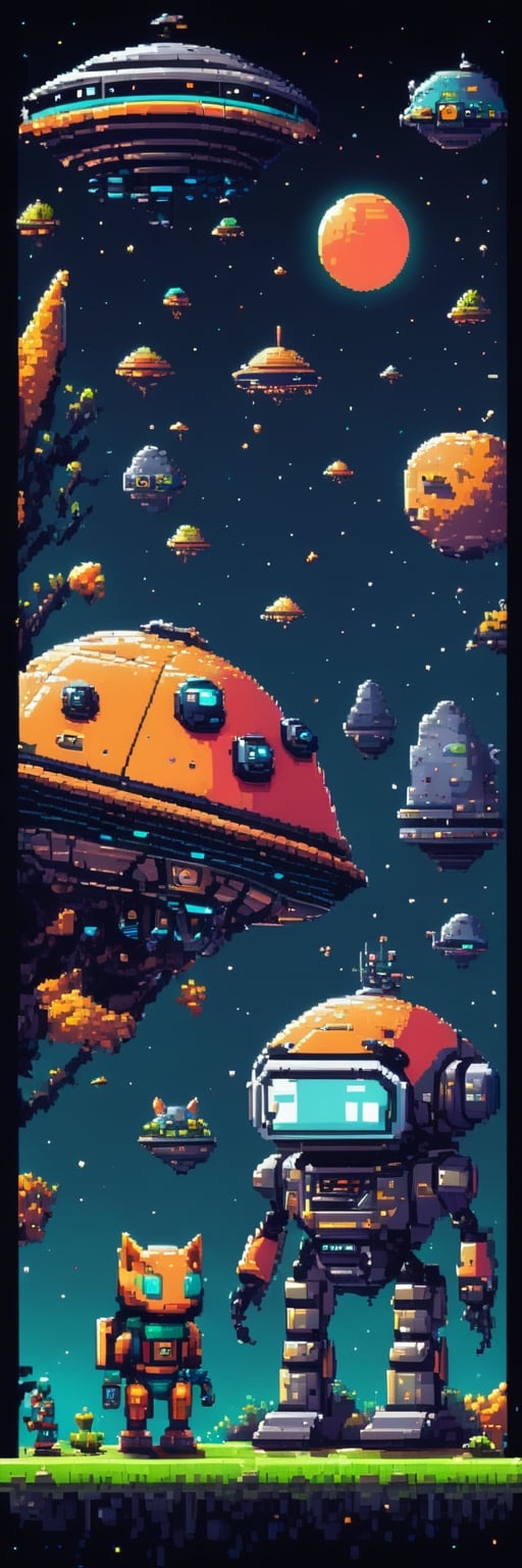 Pixel-Art Adventure featuring a boy: and a Robot Pixelated girl character, vibrant 8-bit environment, reminiscent of classic games.,Leonardo Style A cute alien flying saucer mecha with a few cute little alien animals in mech suits walking around repairing there. Have one spaceship that looks like a flying saucer battling an asteroid. highly detailed. fun picture