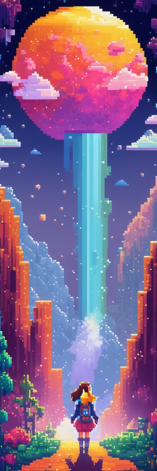 Pixel-Art Adventure featuring a Girl: and a Cat Pixelated girl character, vibrant 8-bit environment, reminiscent of classic games.,Leonardo Style 
((Standind on the moon))  (((Night Sky))) lava fountain mountains (((rainbow)))