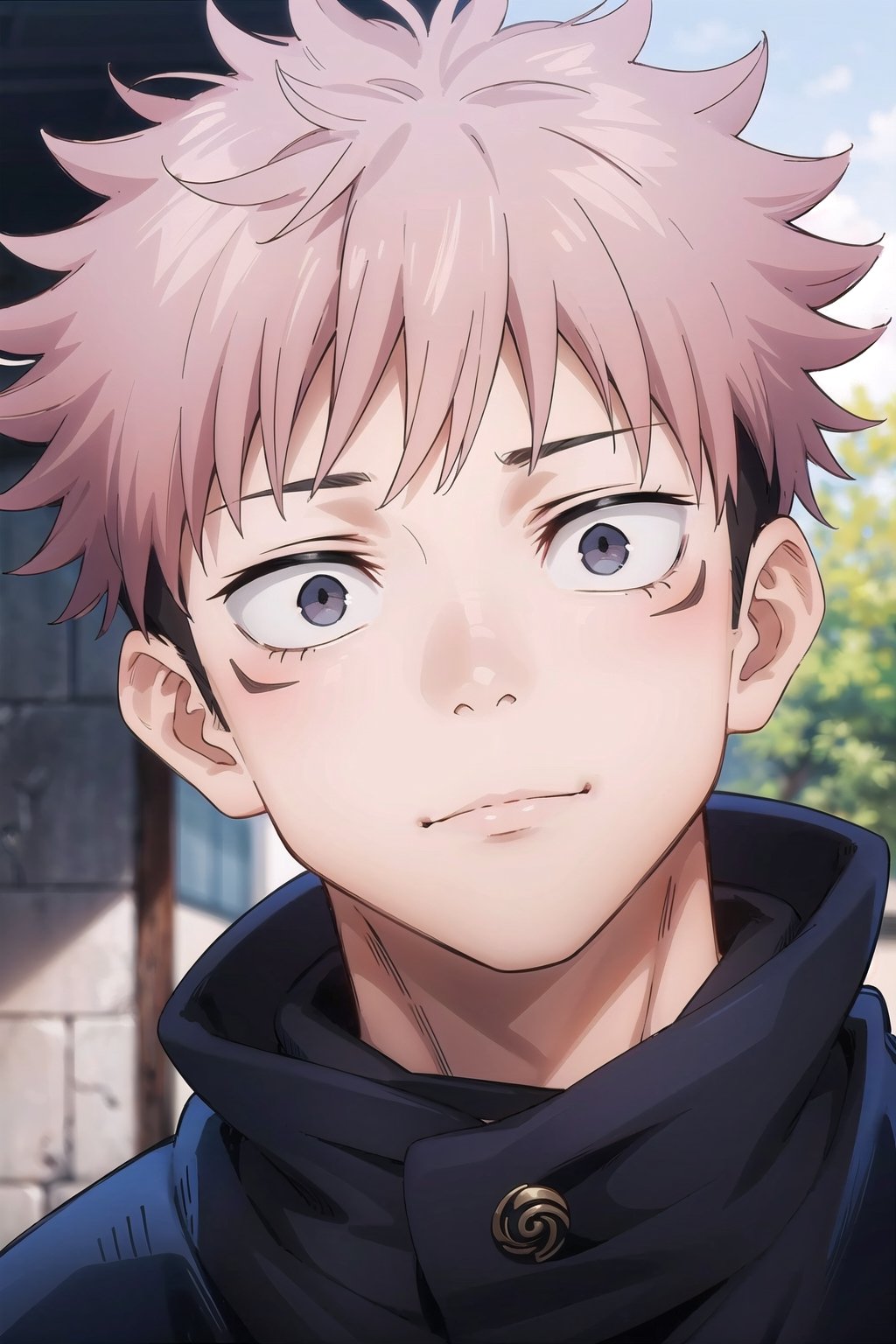 1boy, face boy 4k, beautiful face, bright face, (masterpiece), best quality, high resolution, highly detailed, ((Beautiful Face man)), high_resolution_face, ((Beautiful eyes)), Gojo Satoru | Jujutsu Kaisen, Boy face, Man face,I TADORI YUJI, Black Jacket, itadori yuji, :)