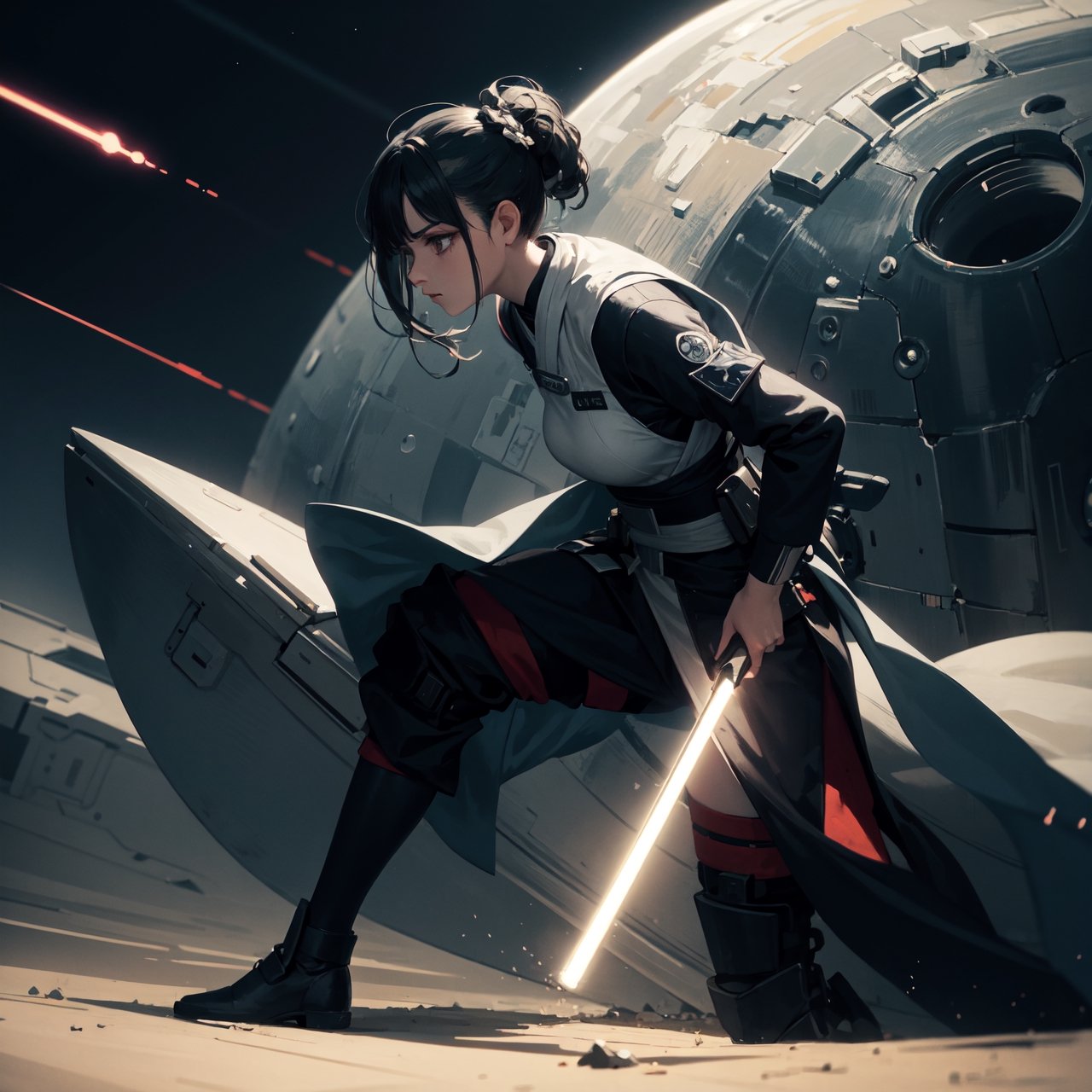 masterpiece, best quality, highly detailed, 8k illustration, {1girl, jedi}, serious, standing in combat pose, holding 1lightsaber, barren land, sky that shows outer space, cinematic, dynamic angle, dynamic pose, (solo female)