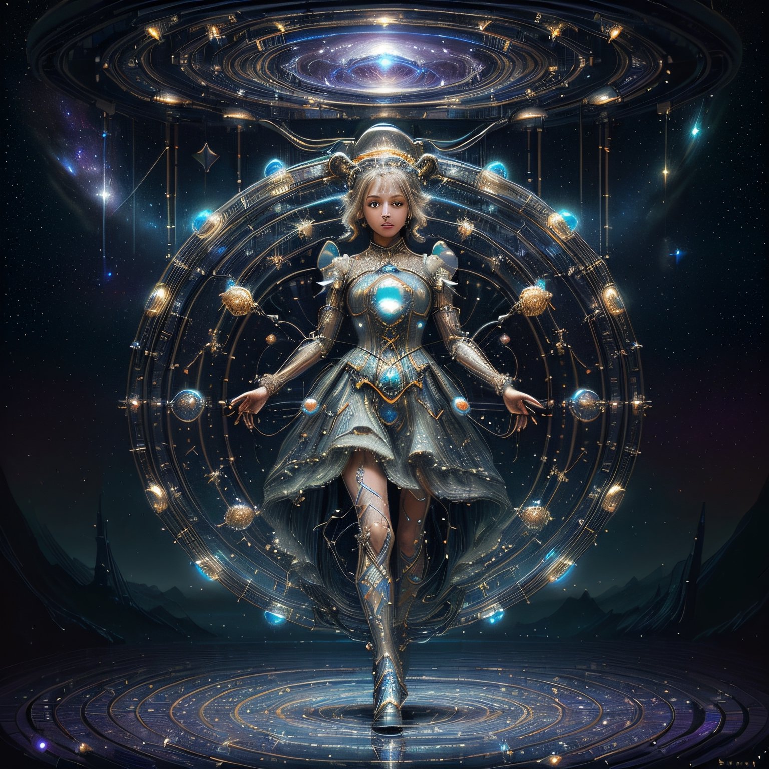 Detailed, a stellar princess wearing an DonMASKTex dress, upper body shot, with cables, springs, struts, walking backwards through the cosmic mirror,  stunningly beautiful, 