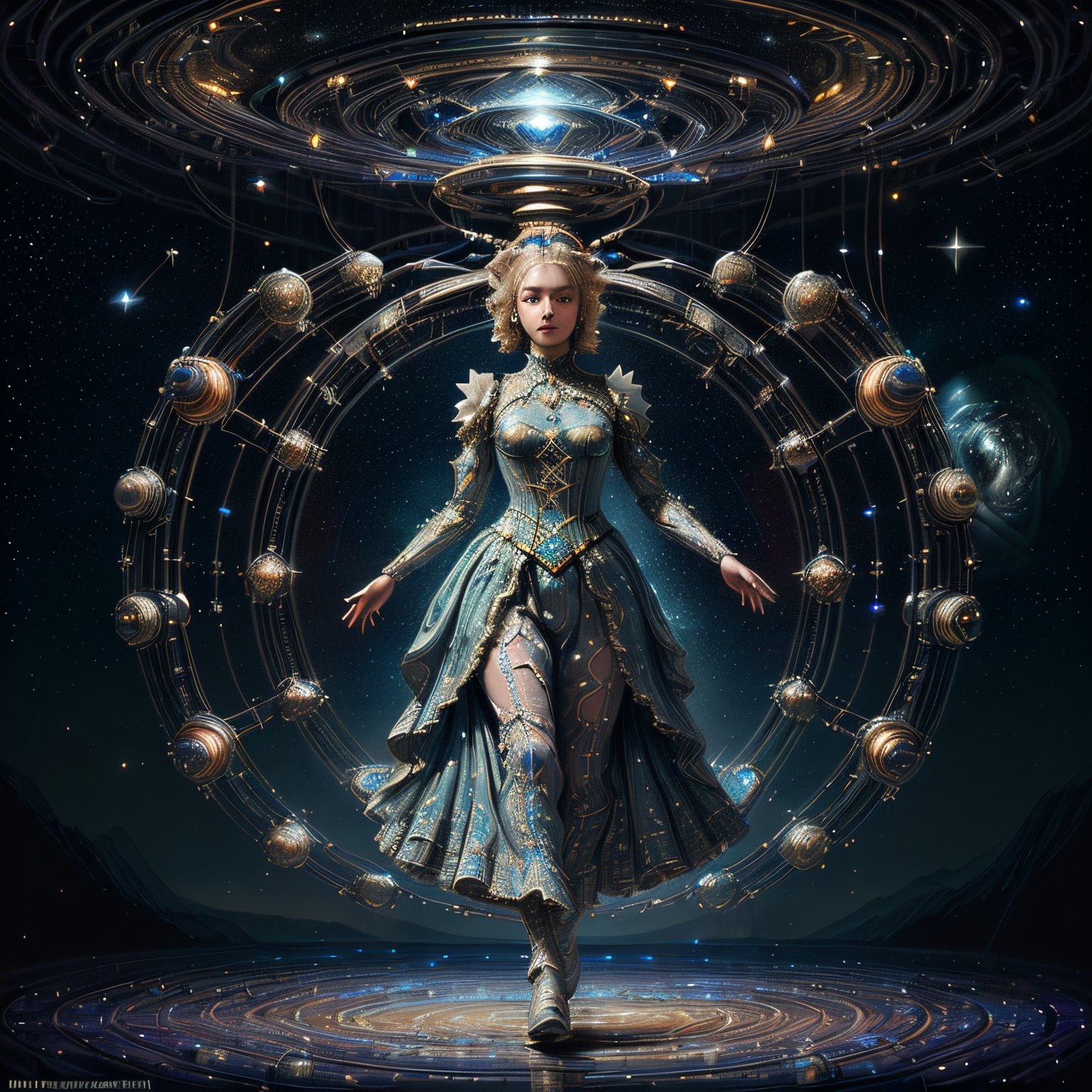 Detailed, a stellar princess wearing an DonMASKTex dress, upper body shot, with cables, springs, struts, walking backwards through the cosmic mirror,  stunningly beautiful, 