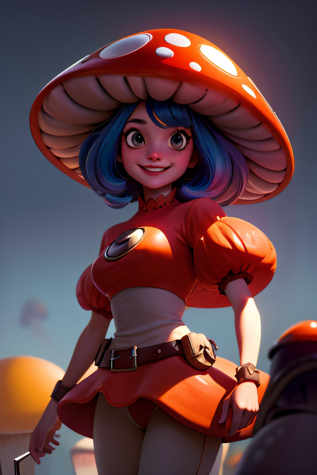 ((masterpiece,best quality)), absurdres,, Mushroom_Girl,solo, smiling, looking at viewer, cowboy shot,cinematic composition, dynamic pose,