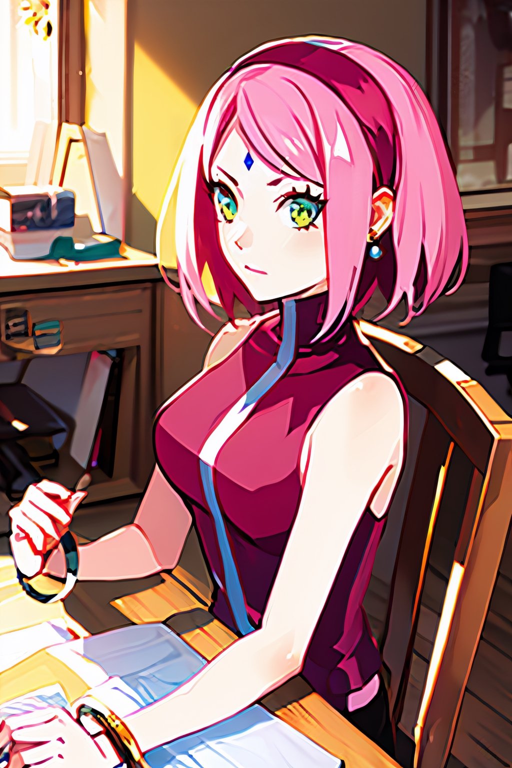 haruno sakura, boruto: naruto next generations, naruto \(series\),1girl, bangs, bare arms, bracelet, closed mouth, desk, facial mark, flower, green eyes, hairband, indoors, jewelry, parted bangs, pink flower, pink hair, red hairband, red shirt, shirt, short hair, sitting, sleeveless, sleeveless shirt, solo, spring (season), upper body, ((masterpiece))