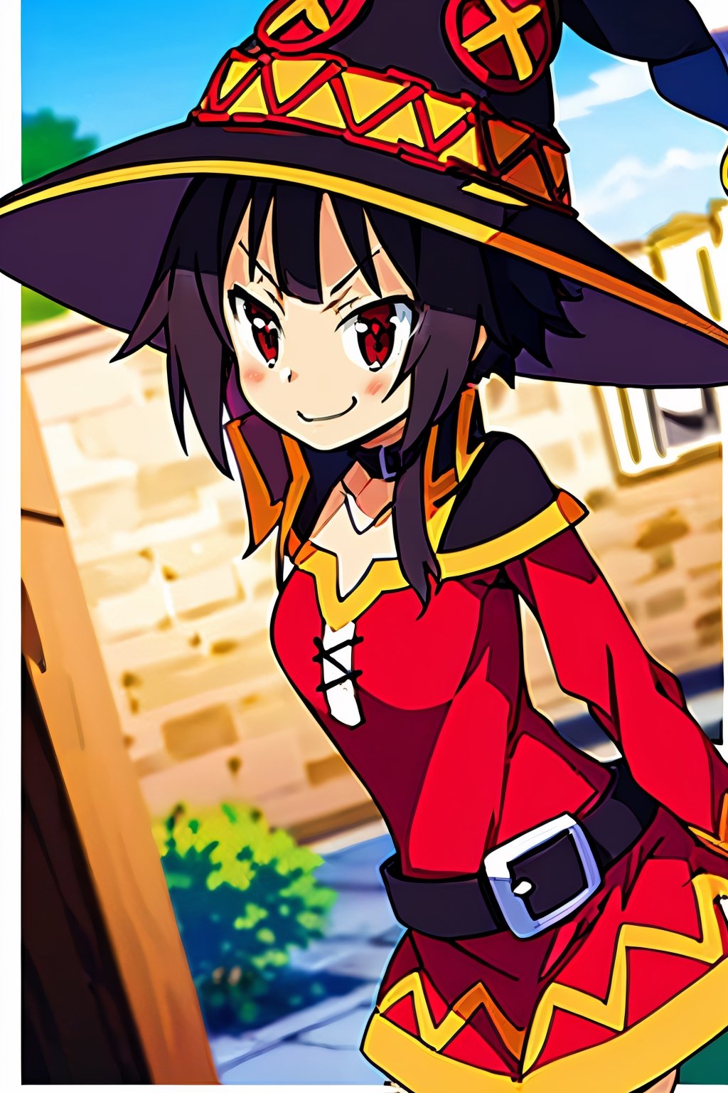 Megu-KJ, 1girl, short_black hair, looking_at_viewer , tiny_breasts, red and yellow dress, black_necklace, smug, tight_hips, front-view, Megumin,High detailed, Megu hat, standing, megu dress