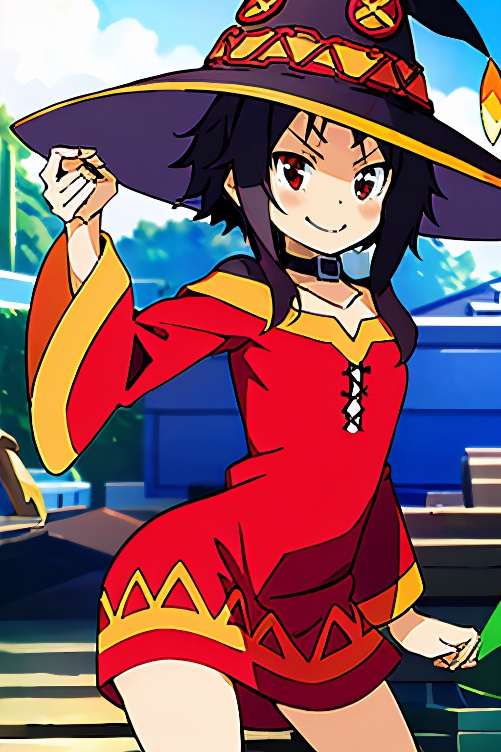 Megu-KJ, 1girl, short_black hair, looking_at_viewer , tiny_breasts, red and yellow dress, black_necklace, smug, tight_hips, front-view, Megumin,High detailed, Megu hat, standing, megu dress