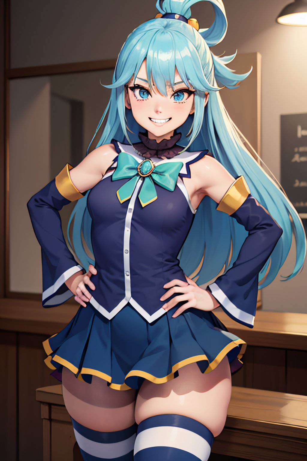 (masterpiece, best quality:1.2), solo, 1girl, ksaqua, grin, looking at viewer, hands on hips, hair rings, blue shirt, bow, detached sleeves, skirt, thighhighs, bare shoulders, curvy,