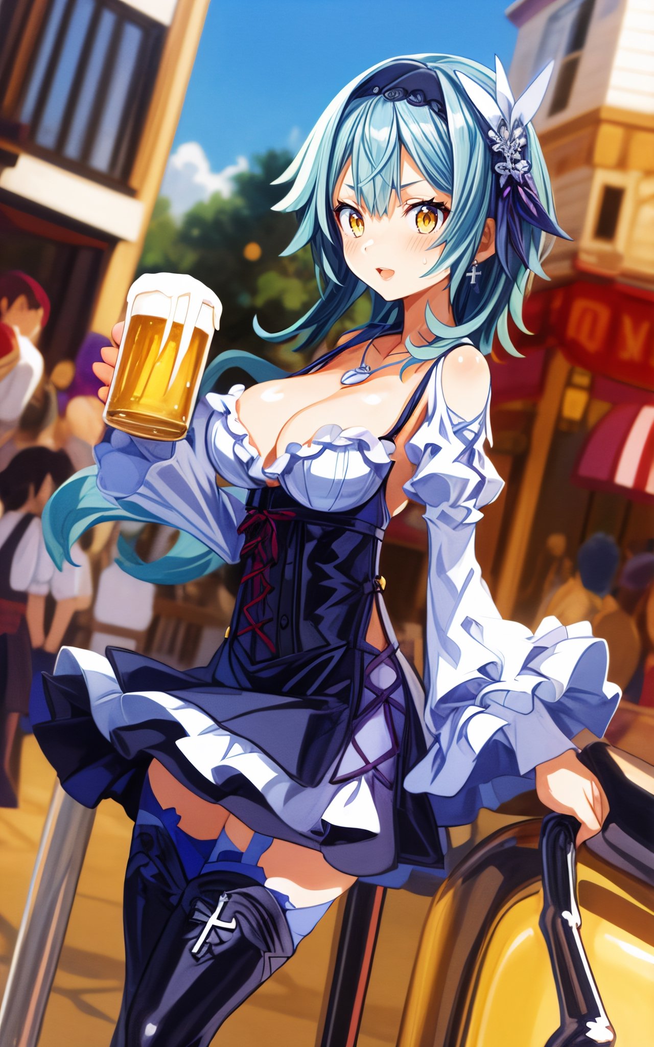 Eula 1girl light_blue_hair hair_ornament yellow_eyes alcohol barmaid beer beer_mug black_dress white_thighhighs sweat blush breasts circle_skirt cleavage collarbone corset cowboy_shot cross cup dirndl dress floating_hair frilled_dress frills german_clothes festive_town hairband holding holding_cup iron_cross jewelry large_breasts short_hair looking_at_viewer mug necklace parted_lips short_dress sidelocks solo standing thighhighs two-tone_dress underbust white_corset white_dress smile open_mouth happy (((outdoors))) sky_blue 