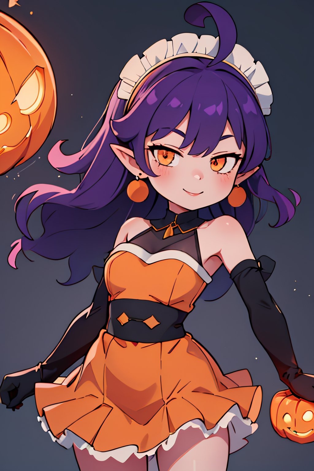 ((masterpiece,best quality)), absurdres,, Stardust_Pumpkins_Citron_OC, 1girl, solo, long purple hair,  orange eyes, ahoge, pointy ears, orange dress, elbow gloves, bare shoulders, maid headdress, jewelry, earrings, solo, smiling, looking at viewer, cowboy shot, cinematic composition,  , contrapposto, 