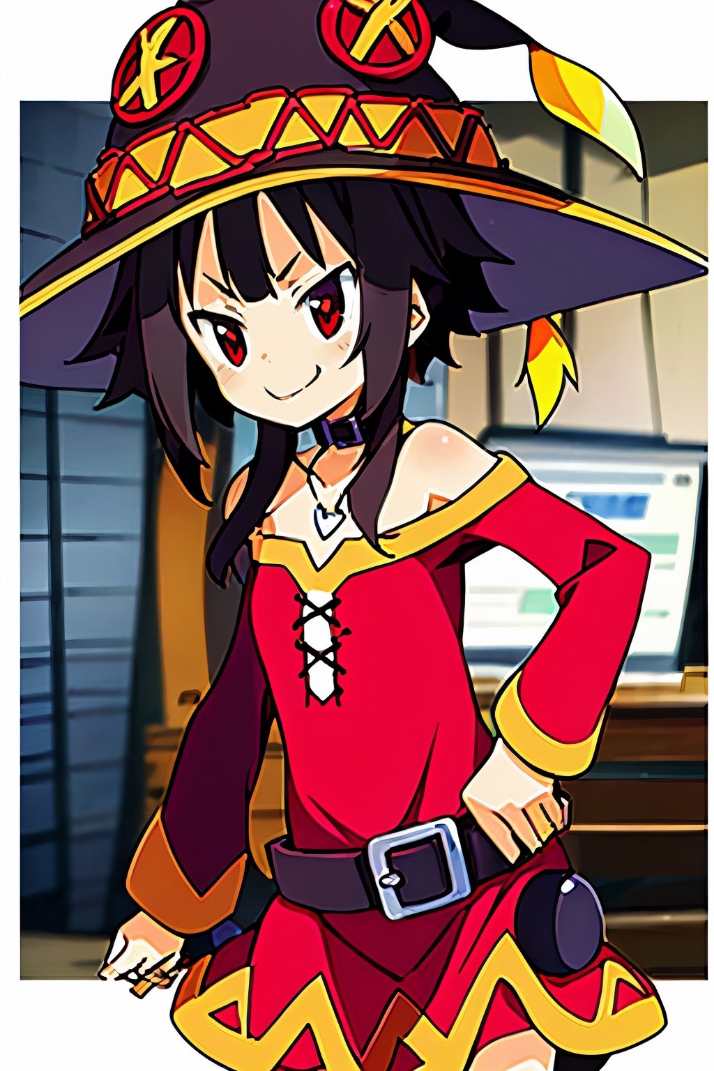 Megu-KJ, 1girl, short_black hair, looking_at_viewer , tiny_breasts, red and yellow dress, black_necklace, smug, tight_hips, front-view, Megumin,High detailed, Megu hat, standing, megu dress