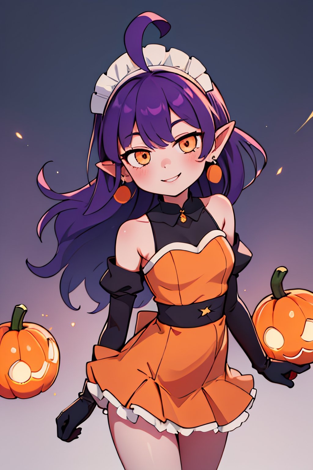 ((masterpiece,best quality)), absurdres,, Stardust_Pumpkins_Citron_OC, 1girl, solo, long purple hair,  orange eyes, ahoge, pointy ears, orange dress, elbow gloves, bare shoulders, maid headdress, jewelry, earrings, solo, smiling, looking at viewer, cowboy shot, cinematic composition,  , contrapposto, 