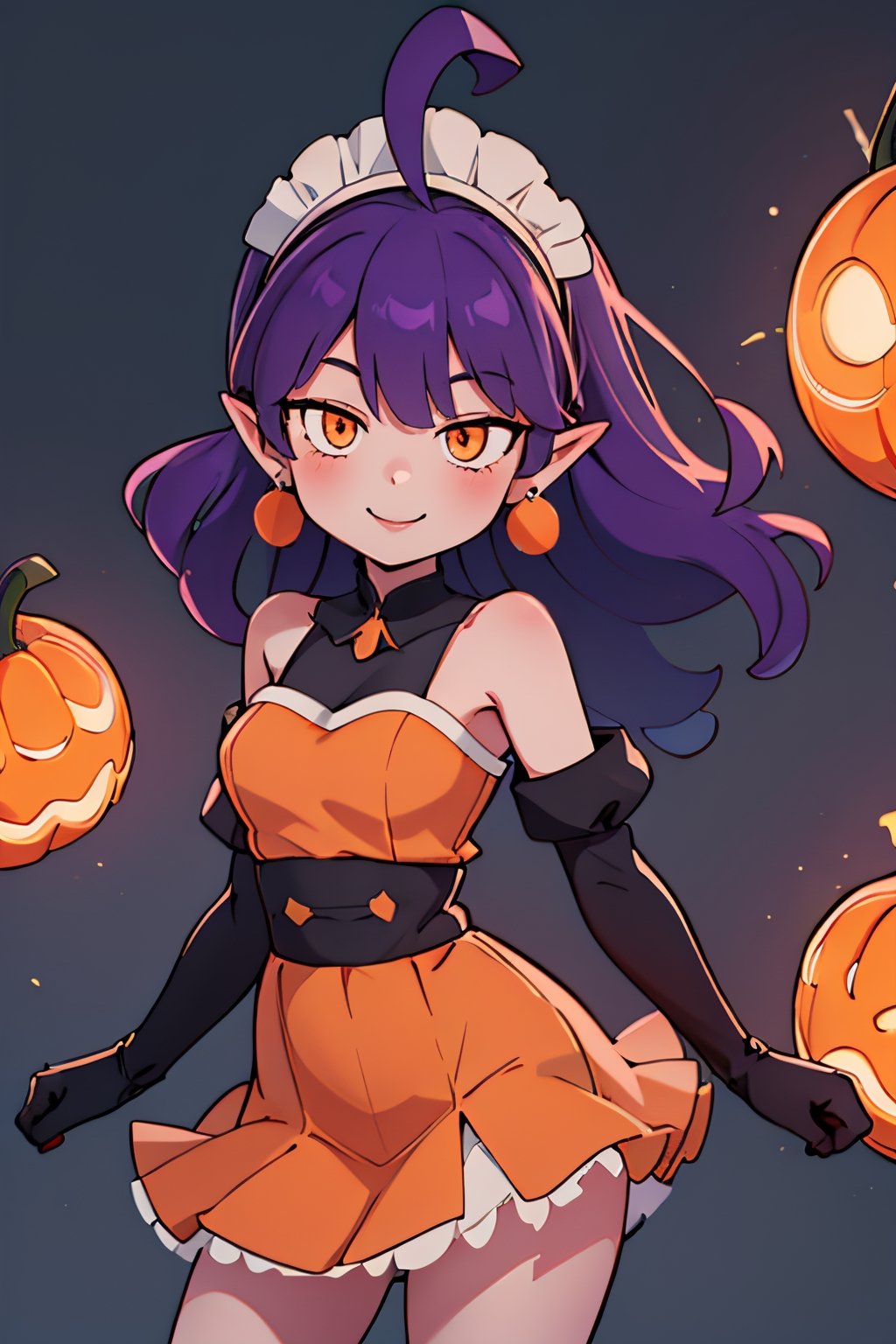 ((masterpiece,best quality)), absurdres,, Stardust_Pumpkins_Citron_OC, 1girl, solo, long purple hair,  orange eyes, ahoge, pointy ears, orange dress, elbow gloves, bare shoulders, maid headdress, jewelry, earrings, solo, smiling, looking at viewer, cowboy shot, cinematic composition,  , contrapposto, 