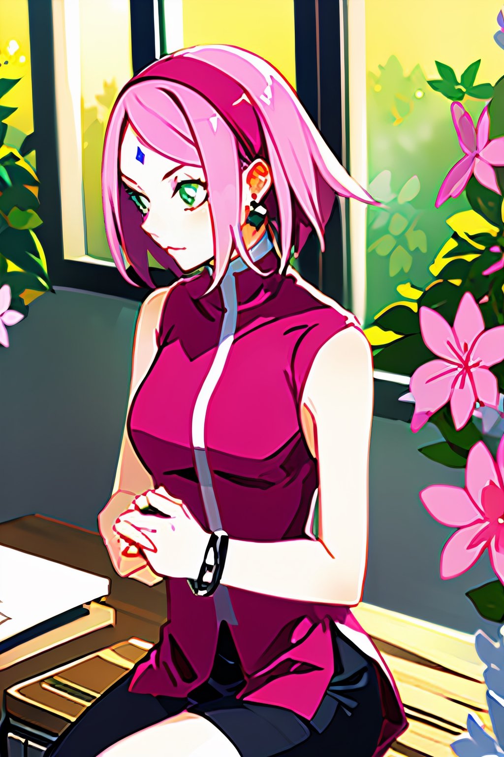 haruno sakura, boruto: naruto next generations, naruto \(series\),1girl, bangs, bare arms, bracelet, closed mouth, desk, facial mark, flower, green eyes, hairband, indoors, jewelry, parted bangs, pink flower, pink hair, red hairband, red shirt, shirt, short hair, sitting, sleeveless, sleeveless shirt, solo, spring (season), upper body, ((masterpiece))