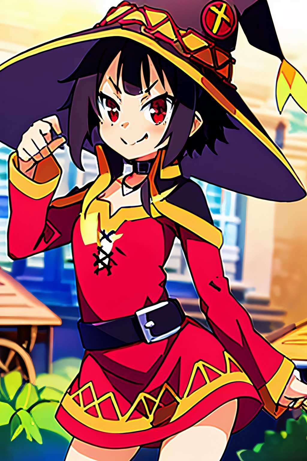 Megu-KJ, 1girl, short_black hair, looking_at_viewer , tiny_breasts, red and yellow dress, black_necklace, smug, tight_hips, front-view, Megumin,High detailed, Megu hat, standing, megu dress