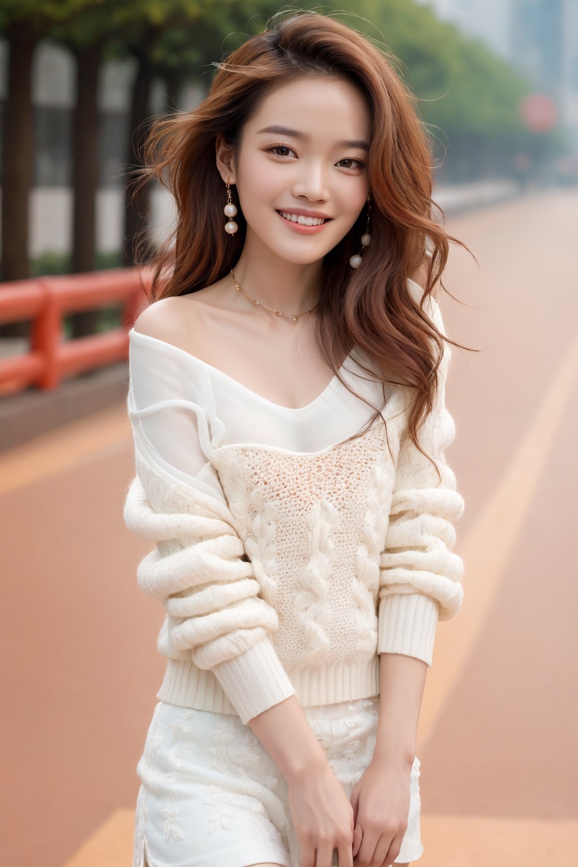 (masterpiece, Best Quality, photorealistic, ultra-detailed, finely detailed, high resolution, 8K wallpaper), 1 beautiful asian woman(Shu Qi, 舒淇), smile, in fashionable white knitted clothes, light-brown messy hair, earrings, necklace, perfect dynamic composition, beautiful detailed eyes, realistic detailed skin texture, in the city, full-body portrait, sharp-focus, like a cover of a fashion magazine, ,xxmix_girl,beautymix,FilmGirl, Shu Qi, 舒淇,