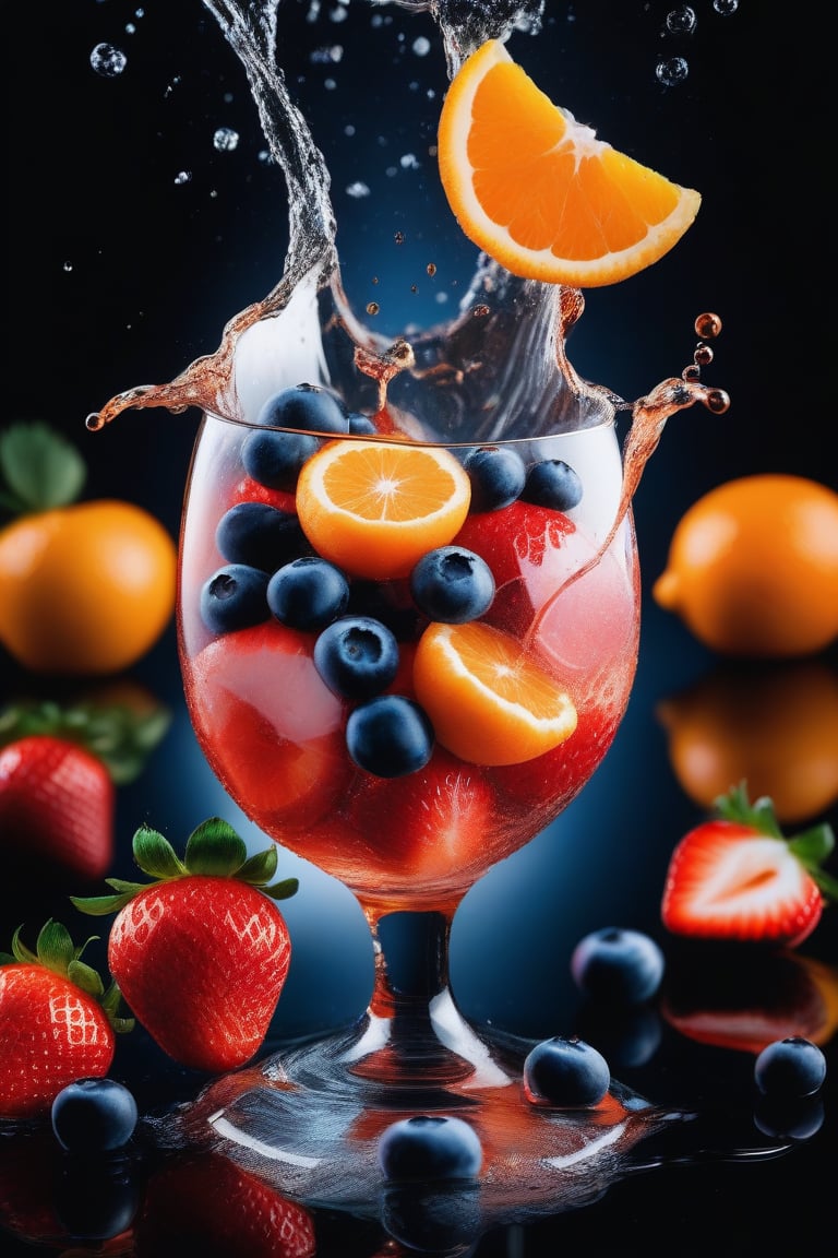 (Cinematic Photo:1.3) of (Realistic:1.3) a studio shot of a (exploding:0.2) (Fruit in low gravity:1.1) (Splashing:0.9) a glass of water with strawberries, oranges and blueberries in it, splash image, full-color, on a canva, splashes of liquid, drinks, a fruit basket, strong red hue, hgh, evokes delight, water swirling, by Fred Marcellino, top selection on unsplash, professional food photography, art photography. black background