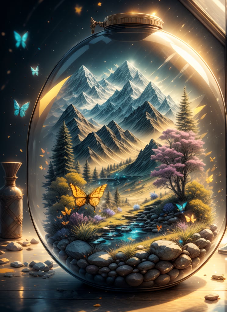 centered :: 3D :: hyperdetailed :: the terra landscape inside the Knolling Case, tiny house :: crystal Case :: glass case :: on a rock :: forest background :: 8k resolution, dynamic lighting hyperdetailed intricately detailed Splash art trending on Artstation triadic colors Unreal Engine 5 volumetric lighting ethereal elemental elegant, KnollingCaseQuiron style, cinematic, masterpiece,1 girl, butterflies, flowers,  waterfalls, mountains, 