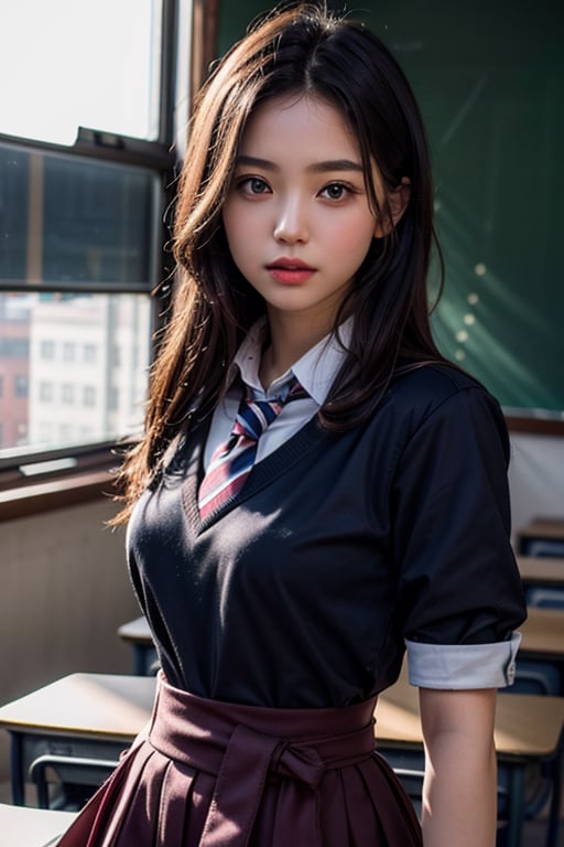 ultra high res, (RAW photo, photorealistic:1.4), (waist shot:1.6), perfect anatomy, ideal ratio body proportions, detailed face, detailed eyes, detailed waist, (1girl:1.4), 18yo, cute eyes, looking at viewer, (wearing school uniform:1.4), (selfie pose:1.4), (in classroom:1.4), (dramatic lighting:1.2), (8k, masterpiece, best quality:1.4)