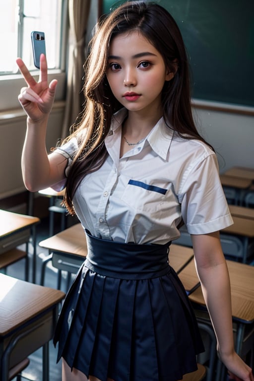 ultra high res, (RAW photo, photorealistic:1.4), (waist shot:1.6), perfect anatomy, ideal ratio body proportions, detailed face, detailed eyes, detailed waist, (1girl:1.4), 18yo, cute eyes, looking at viewer, (wearing school uniform:1.4), (selfie pose:1.4), (in classroom:1.4), (dramatic lighting:1.2), (8k, masterpiece, best quality:1.4)