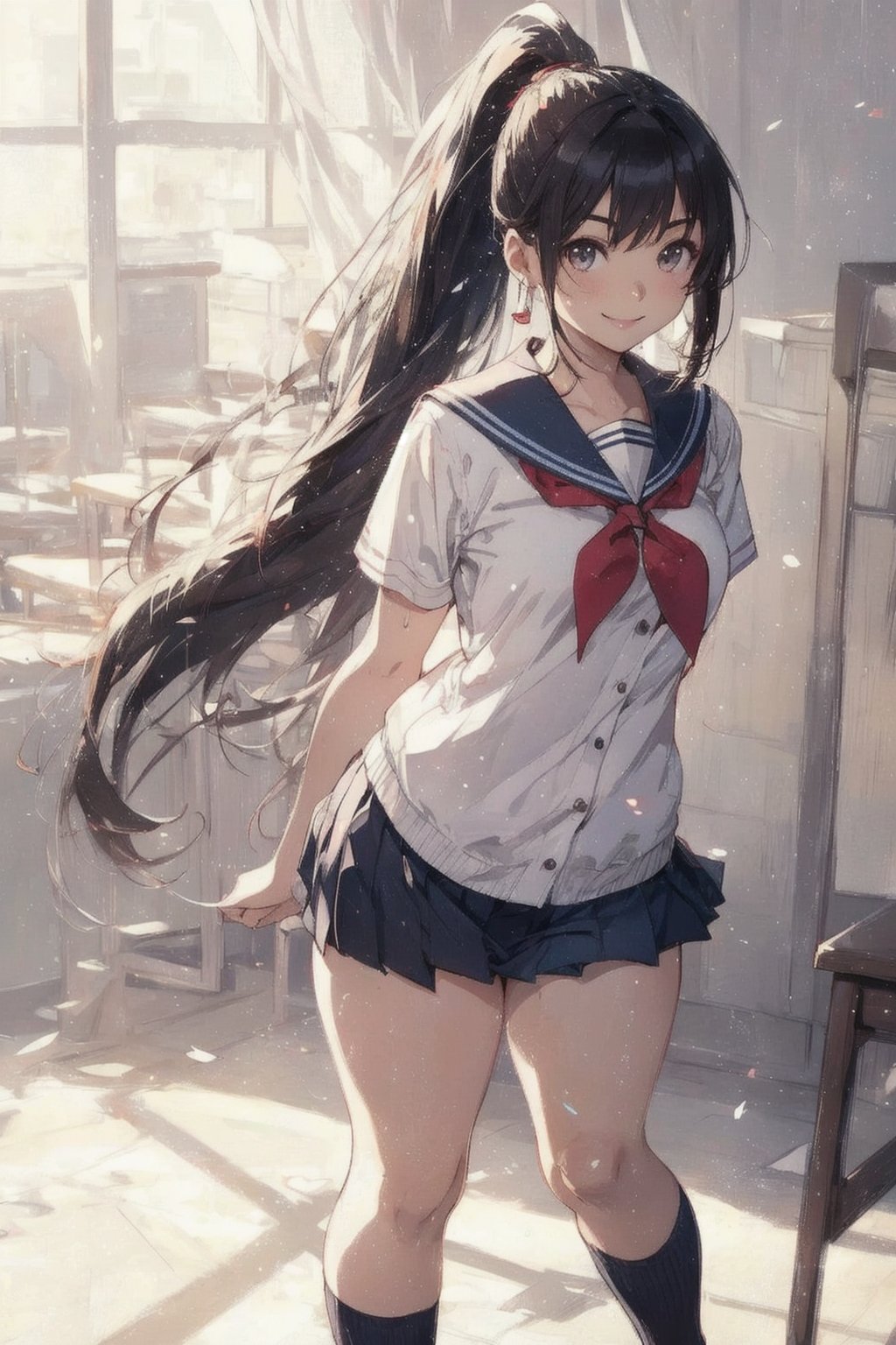 anime style beautiful woman, 1girl, (ponytail), black hair, (long hair), 
(smile), (full body), 
Slender, skinny, (turime), thick eyebrows, 
(school uniform), (sailor uniform), ((red sailor tie)), (white sailor blouse), 
beautiful woman, highest quality, high resolution, best quality, highest quality, high resolution, 18-year-old girl, light smile, perfect shiny skin, fair skin, flawless skin, solo, sweat, simple_background, RAW photo, highest quality, High detail RAW color photo professional photo, realistic, photo realism, highest quality, best shadow, best illustration, ultra high resolution, highly detailed CG unified 8K wallpapers, physics-based rendering, depth of field, cinematic lighting, 8k, 16k