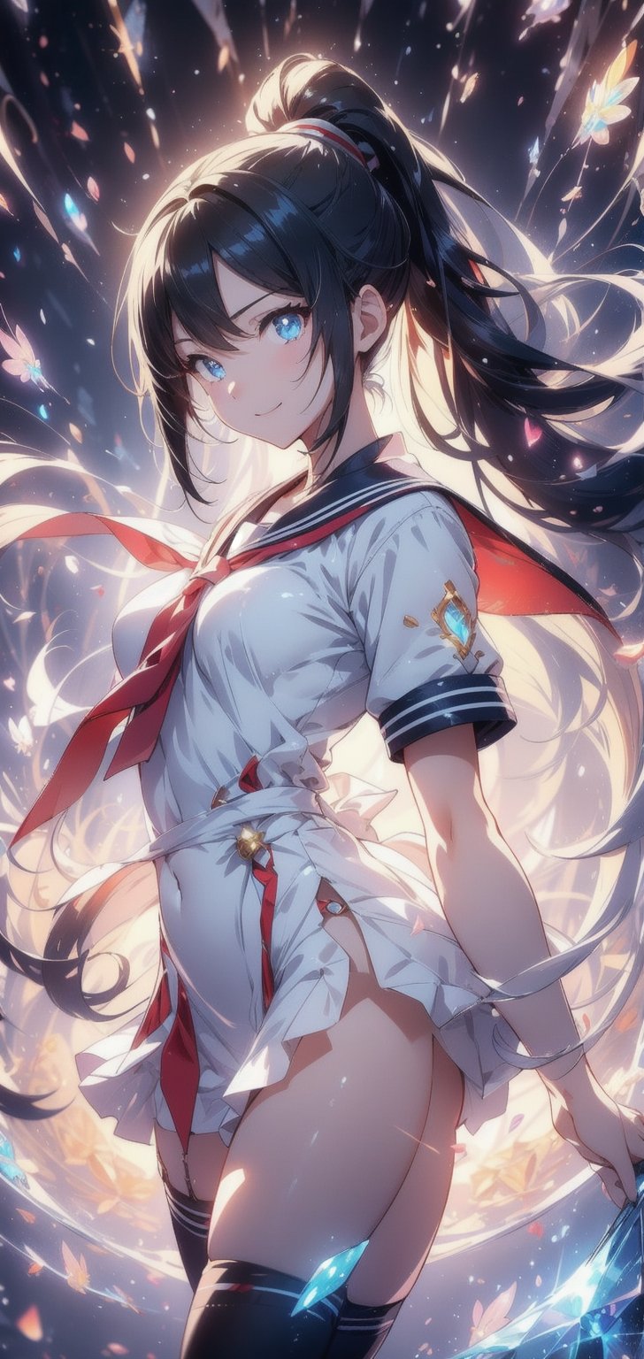 anime style beautiful woman, 1girl, (ponytail), black hair, (long hair), (smile), 
Slender, skinny, Flat Chest, small breasts, (turime), thick eyebrows, 
(school uniform), (sailor uniform), ((red sailor tie)), (white sailor blouse), ((full body)), 
vibrant colors, female, masterpiece, sharp focus, best quality, depth of field, cinematic lighting, ((solo, one woman )), (illustration, 8k CG, extremely detailed), ultra-detailed, high resolution, firefliesfireflies, perfect light, 
The rays of hope in the entire universe converged on the goddess's chest, and a brand new sun was born from the goddess's chest ,(petals | rain), (Bubble | crystal), (Glory|White Cloud),
stylish pose, 8k, very clear, looking at viewer, simple background, solo, highest quality, high resolution. best quality, illustration, sax blue, 1girl, cute, (dynamic lighting:1.2), cinematic lighting, delicate facial features, detailed eyes, sharp pupils, realistic pupils, depth of field, bokeh, sharp focus, (hyper-detailed, bloom, glow:1.4), many small gems,