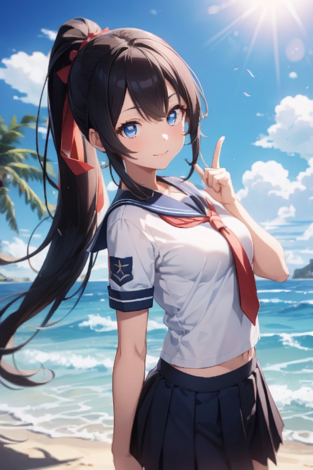 anime style beautiful woman, 1girl, (ponytail), black hair, (long hair), (face), close up,  
(((middle finger))), 
(beach), (outdoor, blue sky, beautiful fantasy tropics, sweet smile, vivid color, sunshine, flowers, hibiscus, scenery, Beautiful Beach)),  
Slender, skinny, (turime), thick eyebrows, (from below). 
(school uniform), (sailor uniform), ((red sailor tie)), (white sailor blouse), 
vibrant colors, sharp focus, best quality, depth of field, cinematic lighting, (illustration, 8k CG, extremely detailed), ultra-detailed, high resolution, firefliesfireflies, perfect light, 
stylish pose, 8k, very clear, highest quality, high resolution. best quality, illustration, sax blue, 1girl, cute, (dynamic lighting:1.2), cinematic lighting, delicate facial features, detailed eyes, sharp pupils, realistic pupils, depth of field, bokeh, sharp focus, (hyper-detailed, bloom, glow:1.4), many small gem,sangonomiya kokomi (sparkling coralbone)
