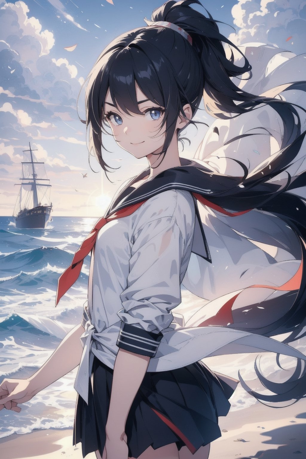 anime style beautiful woman, 1girl, (ponytail), black hair, (long hair), (smile), (beach), (A blanket of clouds stretching across the sky, diffusing sunlight and creating a soft, subdued atmosphere)),  
Slender, skinny, (turime), thick eyebrows, 
(school uniform), (sailor uniform), ((red sailor tie)), (white sailor blouse), 
vibrant colors, sharp focus, best quality, depth of field, cinematic lighting, (illustration, 8k CG, extremely detailed), ultra-detailed, high resolution, firefliesfireflies, perfect light, 
stylish pose, 8k, very clear, highest quality, high resolution. best quality, illustration, sax blue, 1girl, cute, (dynamic lighting:1.2), cinematic lighting, delicate facial features, detailed eyes, sharp pupils, realistic pupils, depth of field, bokeh, sharp focus, (hyper-detailed, bloom, glow:1.4), many small gems,Beautiful Beach,rain,niji,light,no_humans