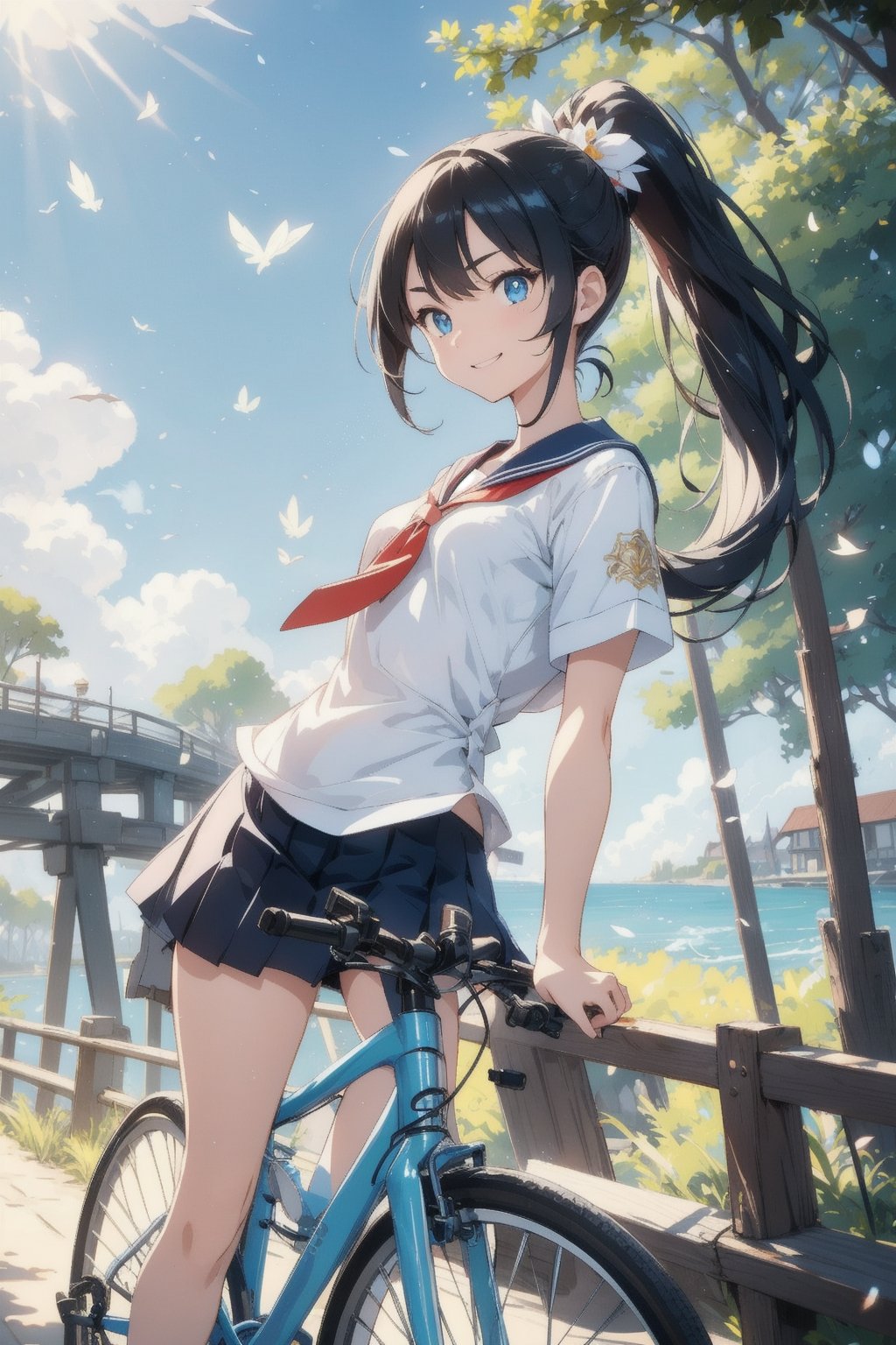anime style beautiful woman, 1girl, (ponytail), black hair, (long hair), (smile), (beach), (outdoor, blue sky, beautiful fantasy nature, sweet smile, vivid color, sunshine, flowers, scenery, Beautiful forest)),  (riding a bicycle across the road), ((bridge)), 
Slender, skinny, Flat Chest, small breasts, (turime), thick eyebrows, 
(school uniform), (sailor uniform), ((red sailor tie)), (white sailor blouse), 
vibrant colors, sharp focus, best quality, depth of field, cinematic lighting, (illustration, 8k CG, extremely detailed), ultra-detailed, high resolution, firefliesfireflies, perfect light, 
stylish pose, 8k, very clear, highest quality, high resolution. best quality, illustration, sax blue, 1girl, cute, (dynamic lighting:1.2), cinematic lighting, delicate facial features, detailed eyes, sharp pupils, realistic pupils, depth of field, bokeh, sharp focus, (hyper-detailed, bloom, glow:1.4), many small gems,Beautiful Beach,riding a road bike,Magic Forest,Half-timbered Construction