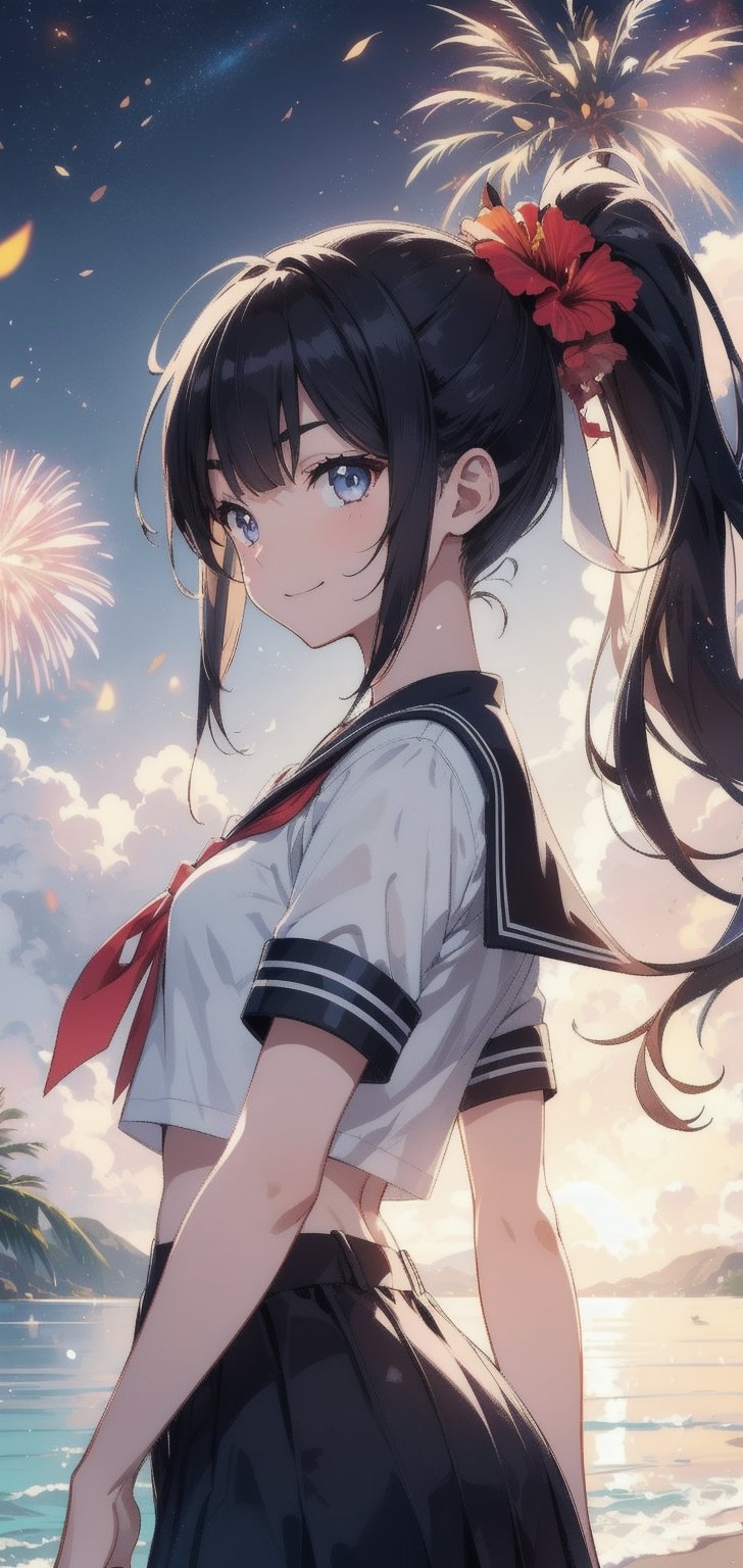 anime style beautiful woman, 1girl, (ponytail), black hair, (long hair), (smile), (beach), (outdoor, night, fireworks, beautiful fantasy tropics, vivid color, flowers, hibiscus, scenery, Beautiful Beach)),  
Slender, skinny, Flat Chest, small breasts, (turime), thick eyebrows, 
(school uniform), (sailor uniform), ((red sailor tie)), (white sailor blouse), 
vibrant colors, sharp focus, best quality, depth of field, cinematic lighting, (illustration, 8k CG, extremely detailed), ultra-detailed, high resolution, firefliesfireflies, perfect light, 
stylish pose, 8k, very clear, highest quality, high resolution. best quality, illustration, sax blue, 1girl, cute, (dynamic lighting:1.2), cinematic lighting, delicate facial features, detailed eyes, sharp pupils, realistic pupils, depth of field, bokeh, sharp focus, (hyper-detailed, bloom, glow:1.4), many small gems,Beautiful Beach,nadeshiko kagamihara