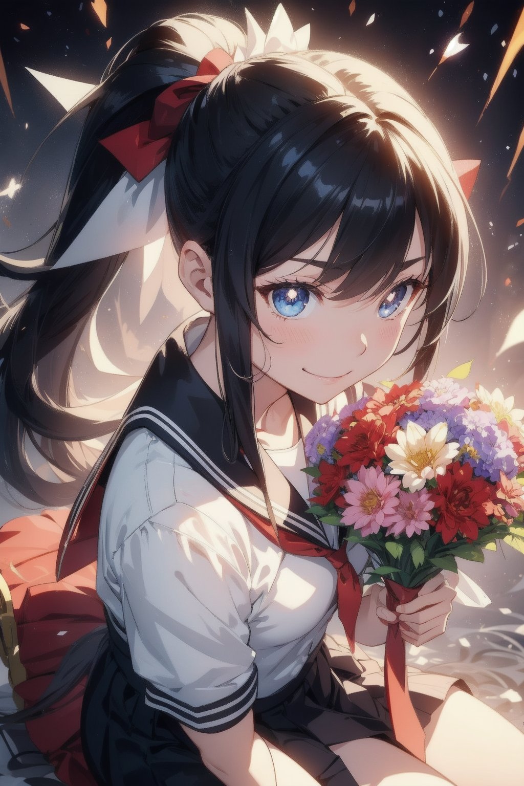 anime style beautiful woman, 1girl, (ponytail), black hair, (long hair), 
(smile), (((sitting, holding bouquet))), face, close up, from above, 
Slender, skinny, (turime), thick eyebrows, 
(school uniform), (sailor uniform), ((red sailor tie)), (white sailor blouse), 
vibrant colors, sharp focus, best quality, depth of field, cinematic lighting, (illustration, 8k CG, extremely detailed), ultra-detailed, high resolution, firefliesfireflies, perfect light, 
stylish pose, 8k, very clear, highest quality, high resolution. best quality, illustration, sax blue, 1girl, cute, (dynamic lighting:1.2), cinematic lighting, delicate facial features, detailed eyes, sharp pupils, realistic pupils, depth of field, bokeh, sharp focus, (hyper-detailed, bloom, glow:1.4), many small gems,chūka ichiban